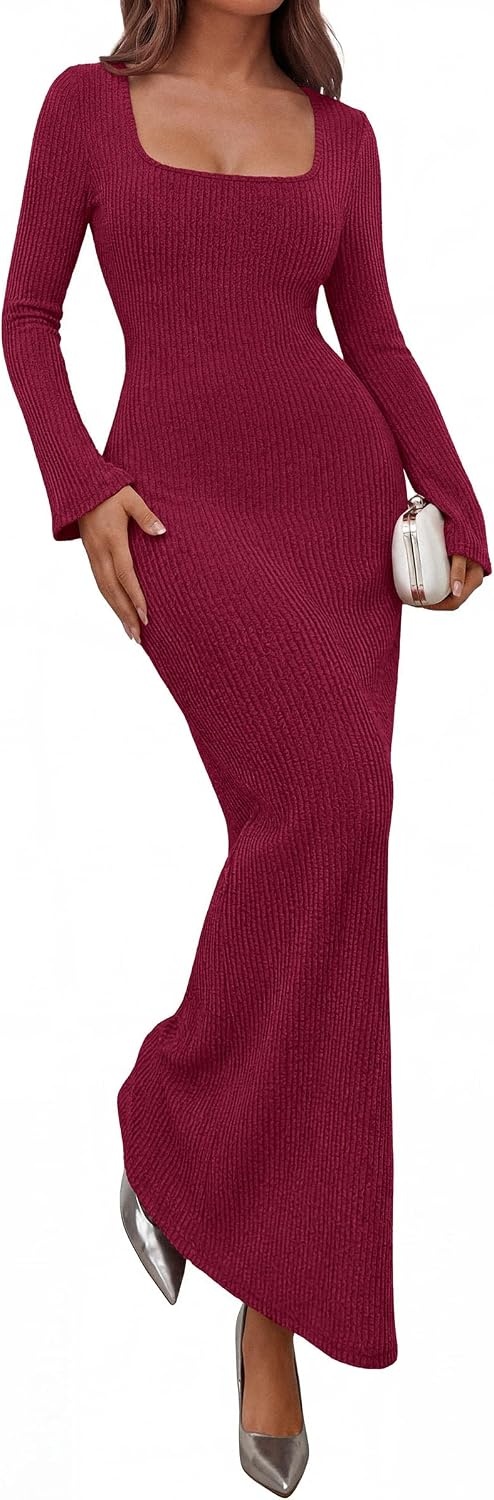 image:imagePRETTYGARDEN Womens Fall Long Sleeve Maxi Bodycon Dresses Soft Stretchy Ribbed Knit Bell Sleeve Square Neck Mermaid Elegant Long Dress Wedding Guest Party 2026 Winter ClothingBurgundy