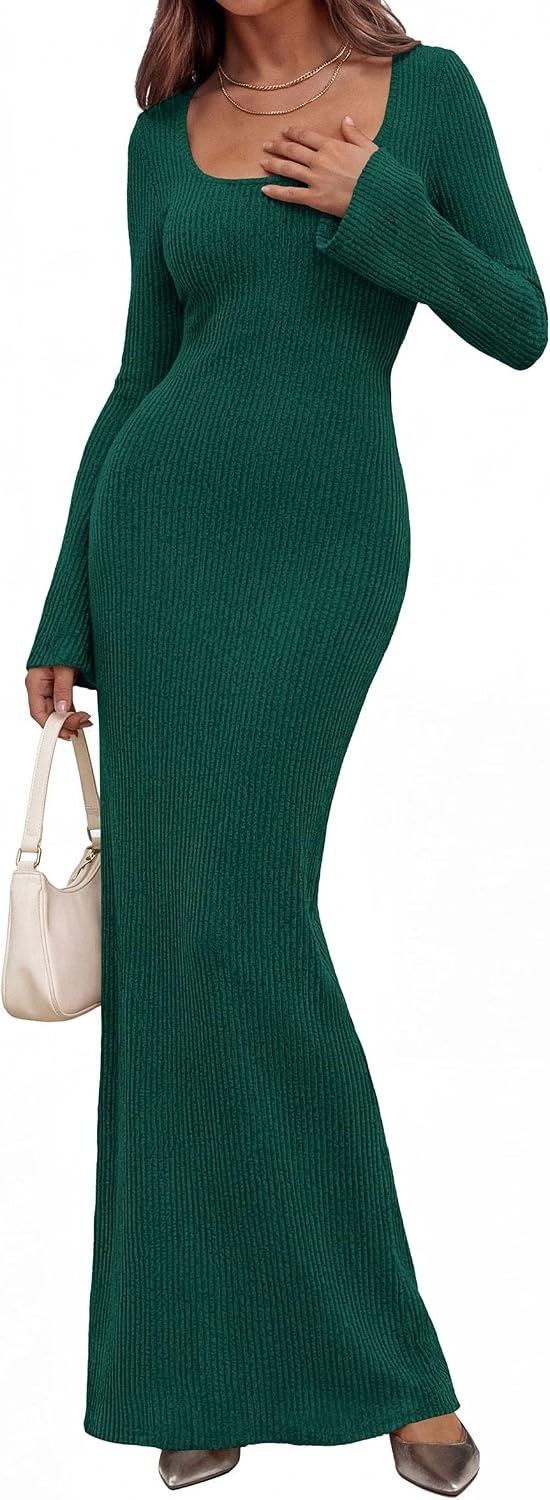image:imagePRETTYGARDEN Womens Fall Long Sleeve Maxi Bodycon Dresses Soft Stretchy Ribbed Knit Bell Sleeve Square Neck Mermaid Elegant Long Dress Wedding Guest Party 2026 Winter ClothingDark Green