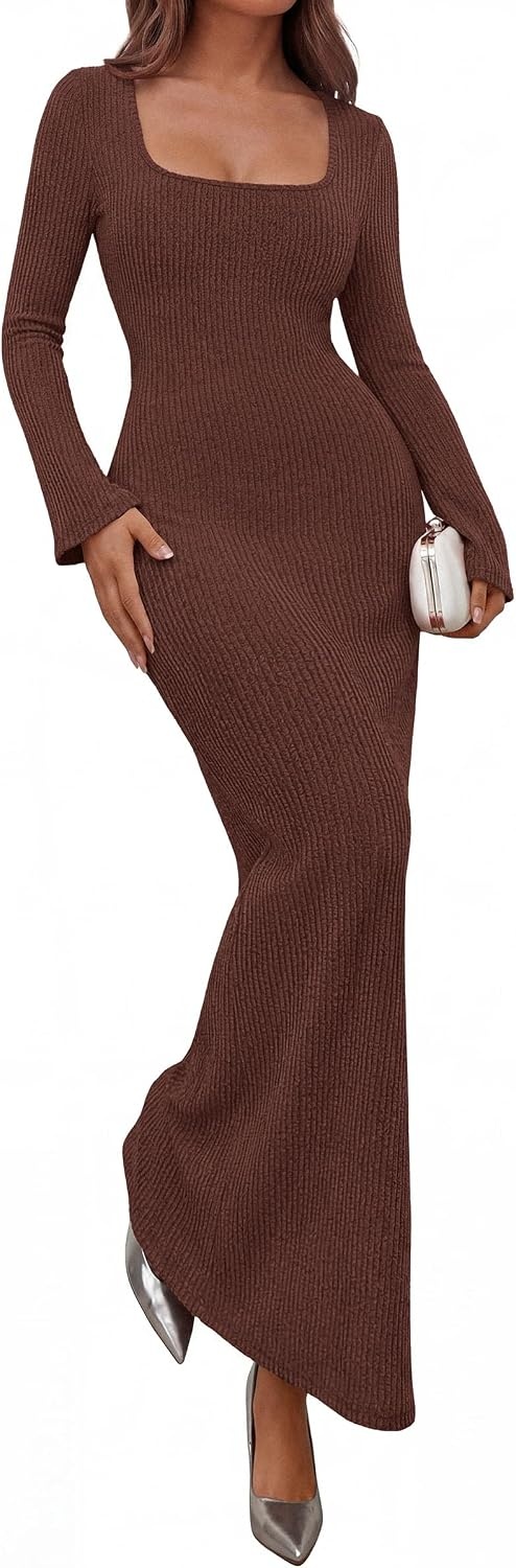 image:imagePRETTYGARDEN Womens Fall Long Sleeve Maxi Bodycon Dresses Soft Stretchy Ribbed Knit Bell Sleeve Square Neck Mermaid Elegant Long Dress Wedding Guest Party 2026 Winter ClothingCoffee