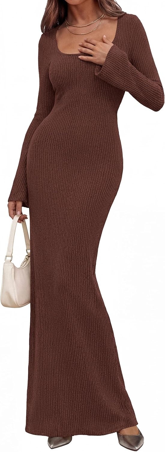 image:imagePRETTYGARDEN Womens Fall Long Sleeve Maxi Bodycon Dresses Soft Stretchy Ribbed Knit Bell Sleeve Square Neck Mermaid Elegant Long Dress Wedding Guest Party 2026 Winter ClothingCoffee