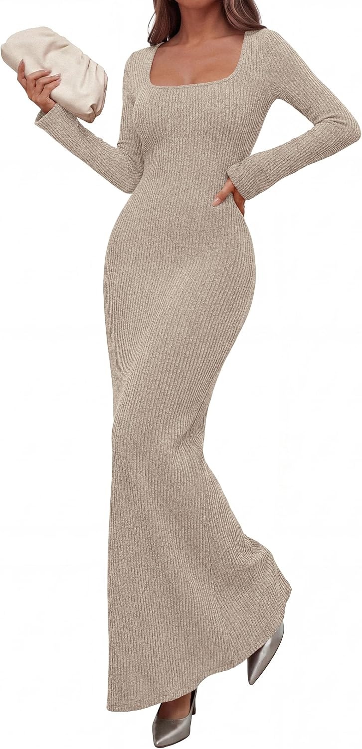 image:imagePRETTYGARDEN Womens Fall Long Sleeve Maxi Bodycon Dresses Soft Stretchy Ribbed Knit Bell Sleeve Square Neck Mermaid Elegant Long Dress Wedding Guest Party 2026 Winter ClothingApricot
