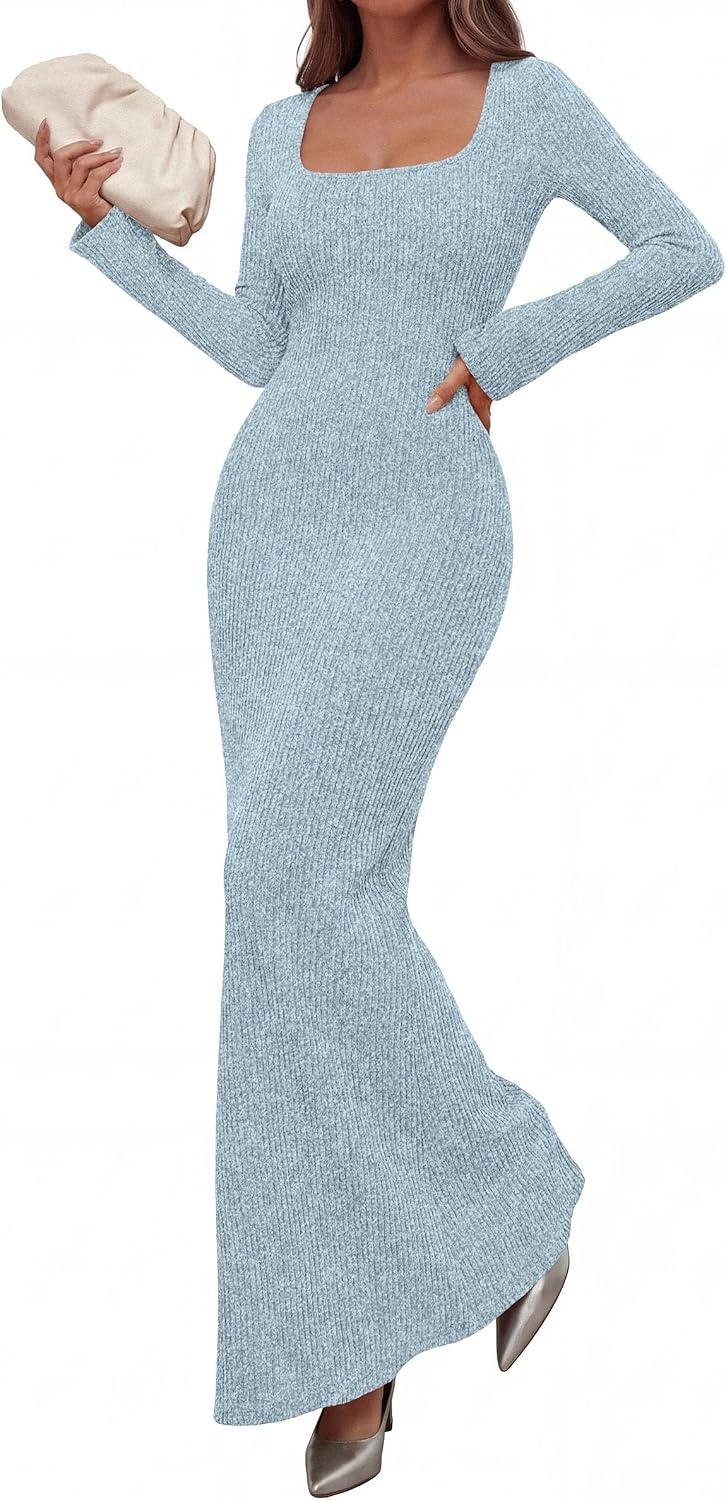 image:imagePRETTYGARDEN Womens Fall Long Sleeve Maxi Bodycon Dresses Soft Stretchy Ribbed Knit Bell Sleeve Square Neck Mermaid Elegant Long Dress Wedding Guest Party 2026 Winter ClothingLight Blue