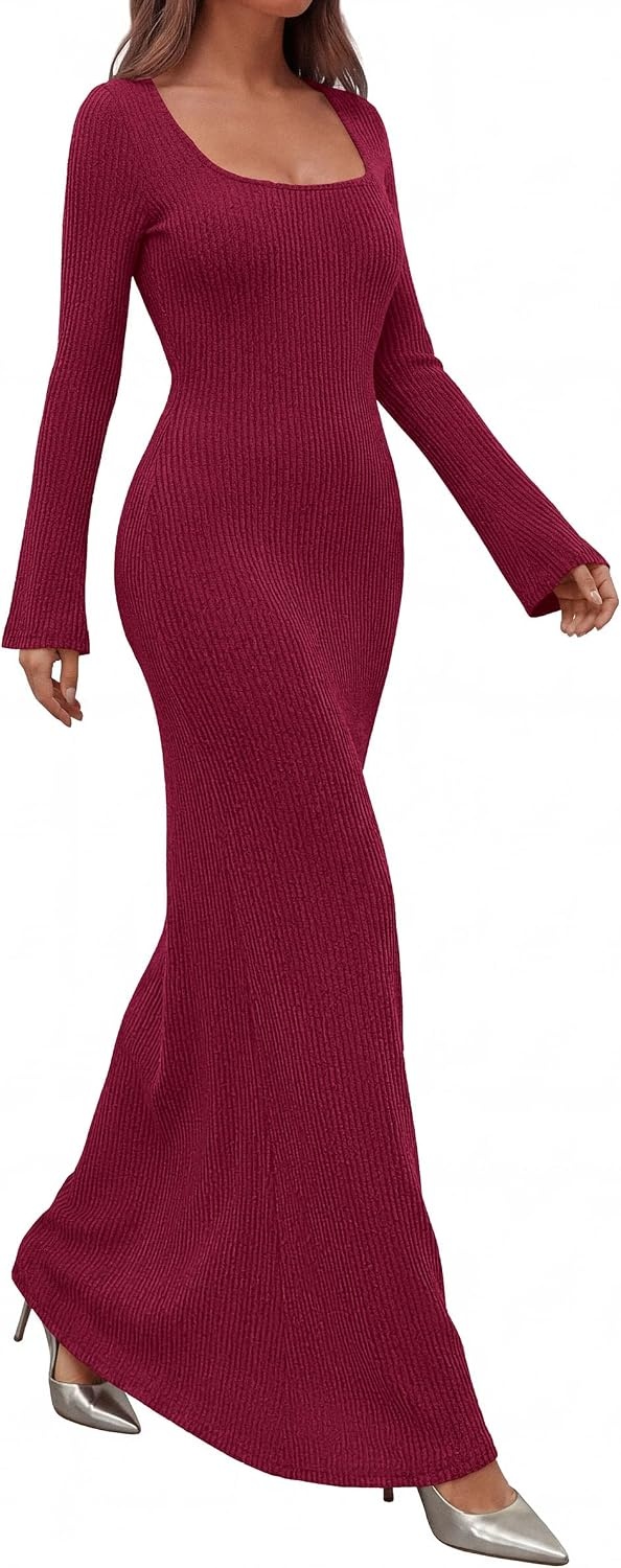 image:imagePRETTYGARDEN Womens Fall Long Sleeve Maxi Bodycon Dresses Soft Stretchy Ribbed Knit Bell Sleeve Square Neck Mermaid Elegant Long Dress Wedding Guest Party 2026 Winter ClothingBurgundy