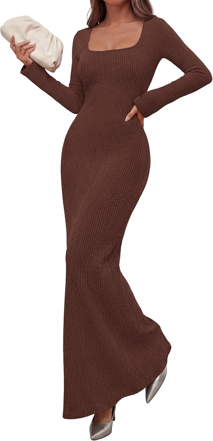image:imagePRETTYGARDEN Womens Fall Long Sleeve Maxi Bodycon Dresses Soft Stretchy Ribbed Knit Bell Sleeve Square Neck Mermaid Elegant Long Dress Wedding Guest Party 2026 Winter ClothingCoffee