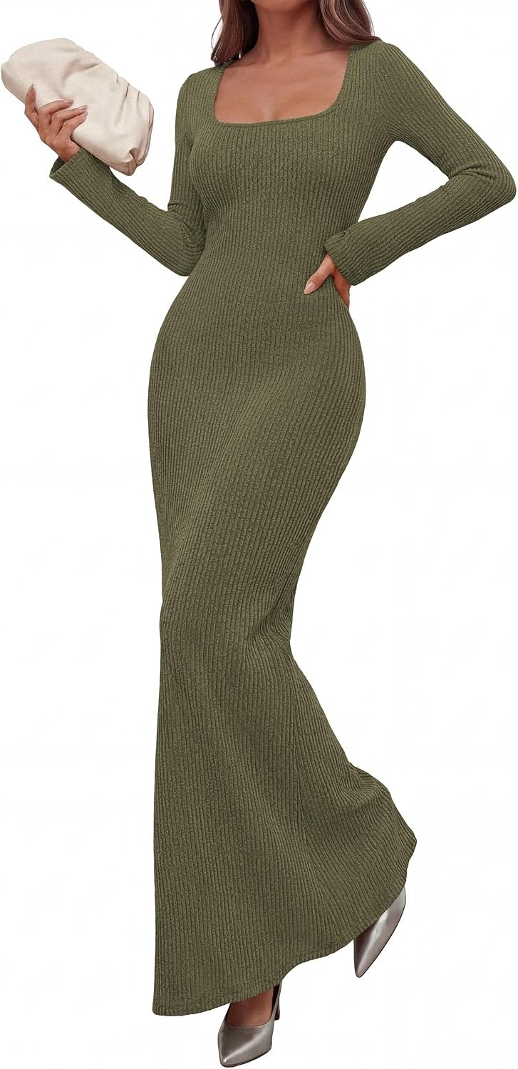 image:imagePRETTYGARDEN Womens Fall Long Sleeve Maxi Bodycon Dresses Soft Stretchy Ribbed Knit Bell Sleeve Square Neck Mermaid Elegant Long Dress Wedding Guest Party 2026 Winter ClothingArmy Green