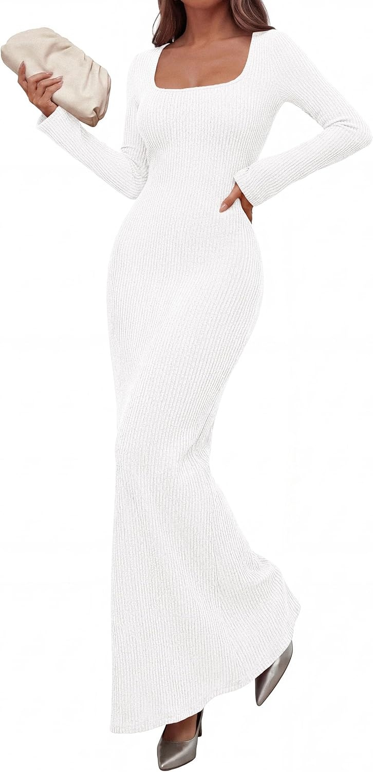 image:imagePRETTYGARDEN Womens Fall Long Sleeve Maxi Bodycon Dresses Soft Stretchy Ribbed Knit Bell Sleeve Square Neck Mermaid Elegant Long Dress Wedding Guest Party 2026 Winter ClothingWhite