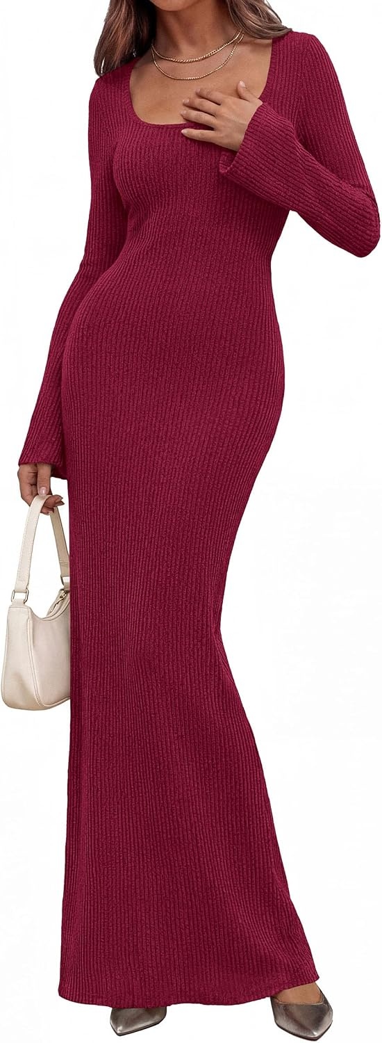 image:imagePRETTYGARDEN Womens Fall Long Sleeve Maxi Bodycon Dresses Soft Stretchy Ribbed Knit Bell Sleeve Square Neck Mermaid Elegant Long Dress Wedding Guest Party 2026 Winter ClothingBurgundy