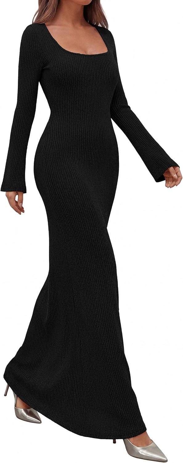image:imagePRETTYGARDEN Womens Fall Long Sleeve Maxi Bodycon Dresses Soft Stretchy Ribbed Knit Bell Sleeve Square Neck Mermaid Elegant Long Dress Wedding Guest Party 2026 Winter ClothingBlack