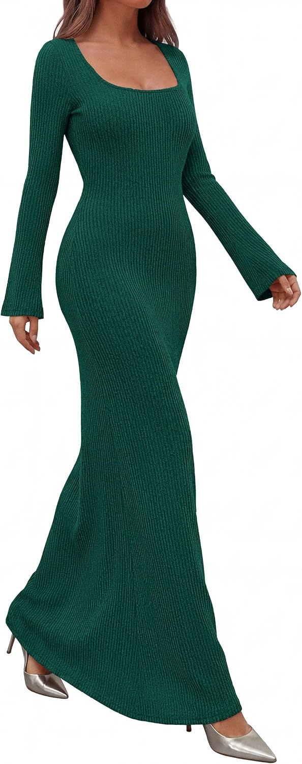 image:imagePRETTYGARDEN Womens Fall Long Sleeve Maxi Bodycon Dresses Soft Stretchy Ribbed Knit Bell Sleeve Square Neck Mermaid Elegant Long Dress Wedding Guest Party 2026 Winter ClothingDark Green