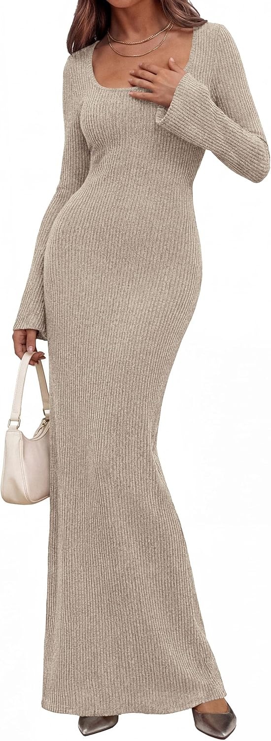 image:imagePRETTYGARDEN Womens Fall Long Sleeve Maxi Bodycon Dresses Soft Stretchy Ribbed Knit Bell Sleeve Square Neck Mermaid Elegant Long Dress Wedding Guest Party 2026 Winter ClothingApricot