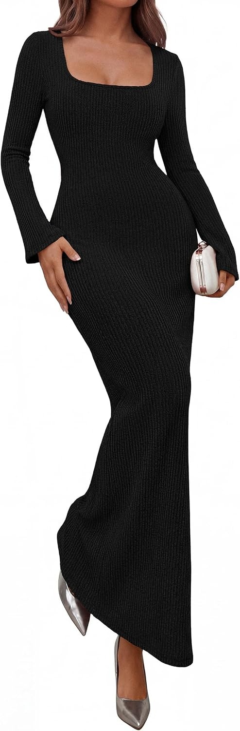 image:imagePRETTYGARDEN Womens Fall Long Sleeve Maxi Bodycon Dresses Soft Stretchy Ribbed Knit Bell Sleeve Square Neck Mermaid Elegant Long Dress Wedding Guest Party 2026 Winter ClothingBlack