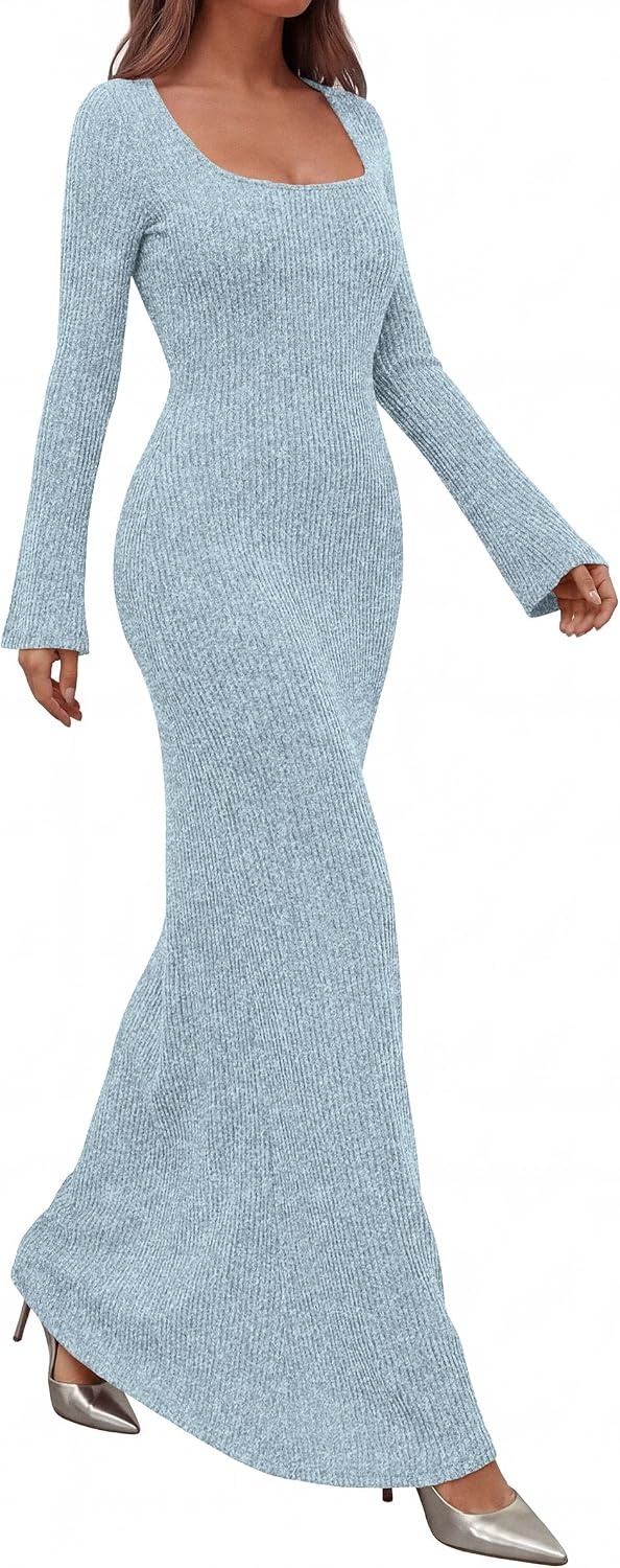 image:imagePRETTYGARDEN Womens Fall Long Sleeve Maxi Bodycon Dresses Soft Stretchy Ribbed Knit Bell Sleeve Square Neck Mermaid Elegant Long Dress Wedding Guest Party 2026 Winter ClothingLight Blue