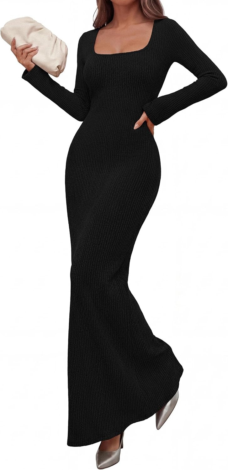 image:imagePRETTYGARDEN Womens Fall Long Sleeve Maxi Bodycon Dresses Soft Stretchy Ribbed Knit Bell Sleeve Square Neck Mermaid Elegant Long Dress Wedding Guest Party 2026 Winter ClothingBlack