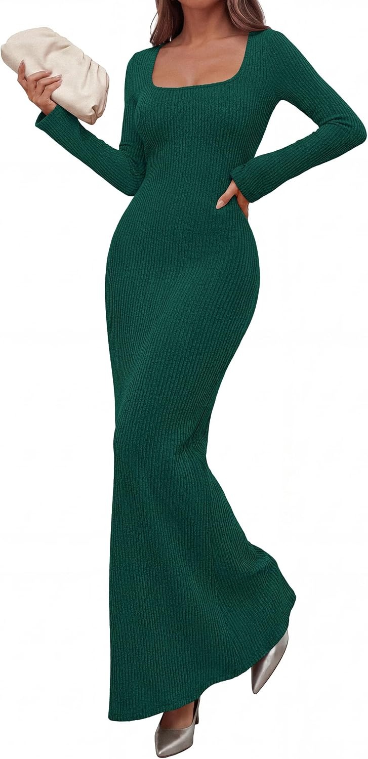 image:imagePRETTYGARDEN Womens Fall Long Sleeve Maxi Bodycon Dresses Soft Stretchy Ribbed Knit Bell Sleeve Square Neck Mermaid Elegant Long Dress Wedding Guest Party 2026 Winter ClothingDark Green