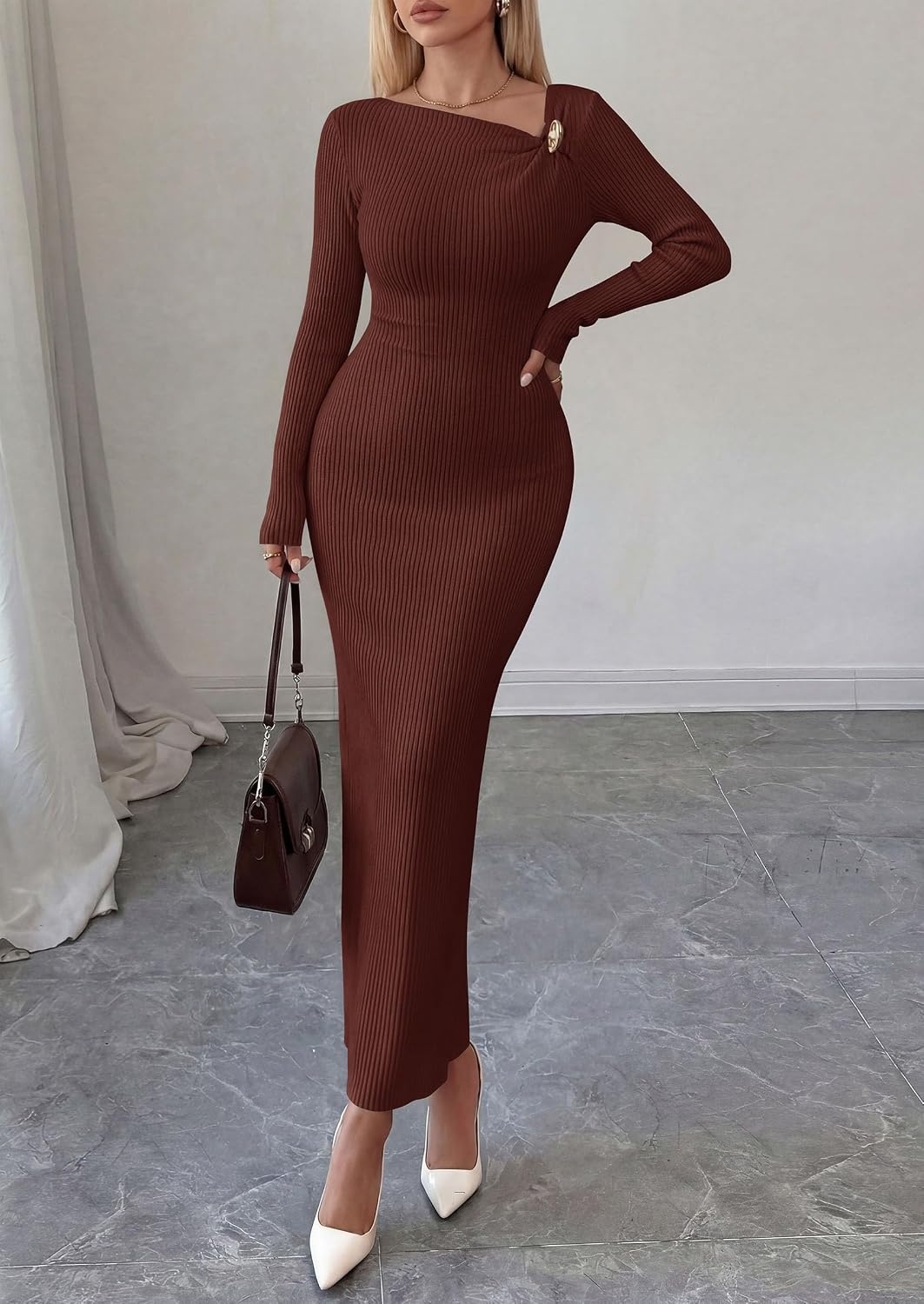 image:imagePRETTYGARDEN Womens Fall Long Sleeve Ribbed Sweater Dress Breathable Knit Fabric Elegant Bodycon Cut Fashion Asymmetrical Neck Night Out Party Dresses 2026 Trendy Winter ClothesBrown