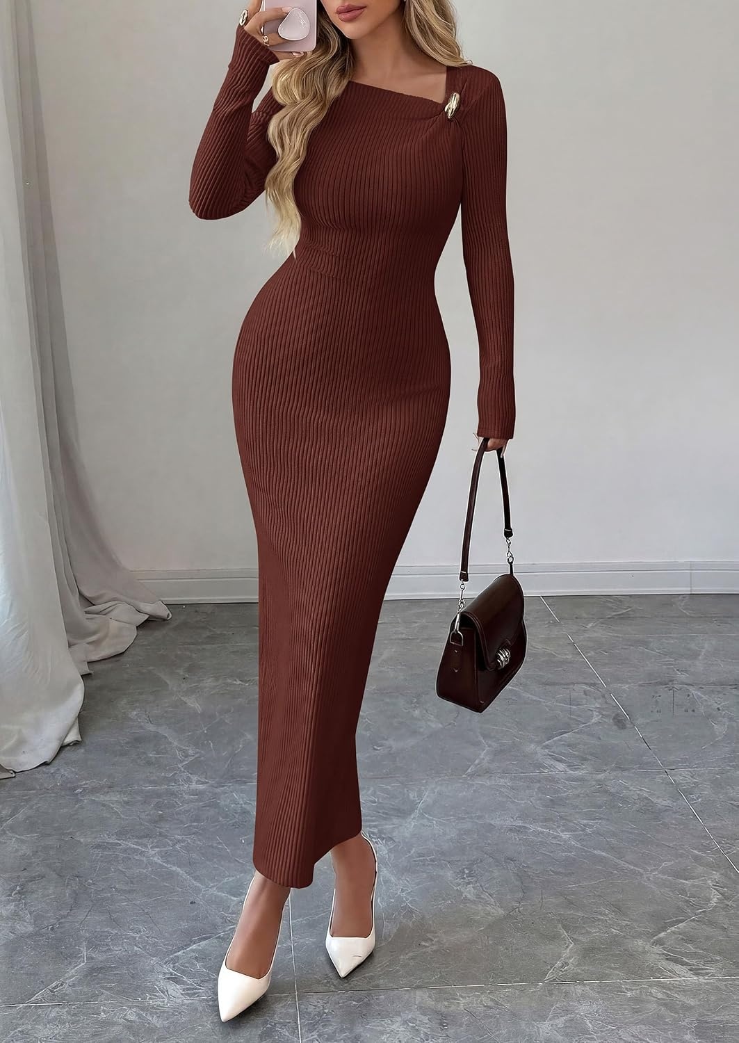 image:imagePRETTYGARDEN Womens Fall Long Sleeve Ribbed Sweater Dress Breathable Knit Fabric Elegant Bodycon Cut Fashion Asymmetrical Neck Night Out Party Dresses 2026 Trendy Winter ClothesBrown