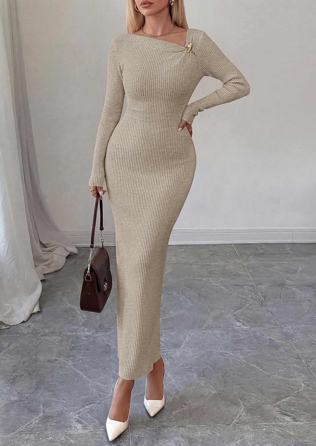 image:imagePRETTYGARDEN Womens Fall Long Sleeve Ribbed Sweater Dress Breathable Knit Fabric Elegant Bodycon Cut Fashion Asymmetrical Neck Night Out Party Dresses 2026 Trendy Winter ClothesGrey Apricot