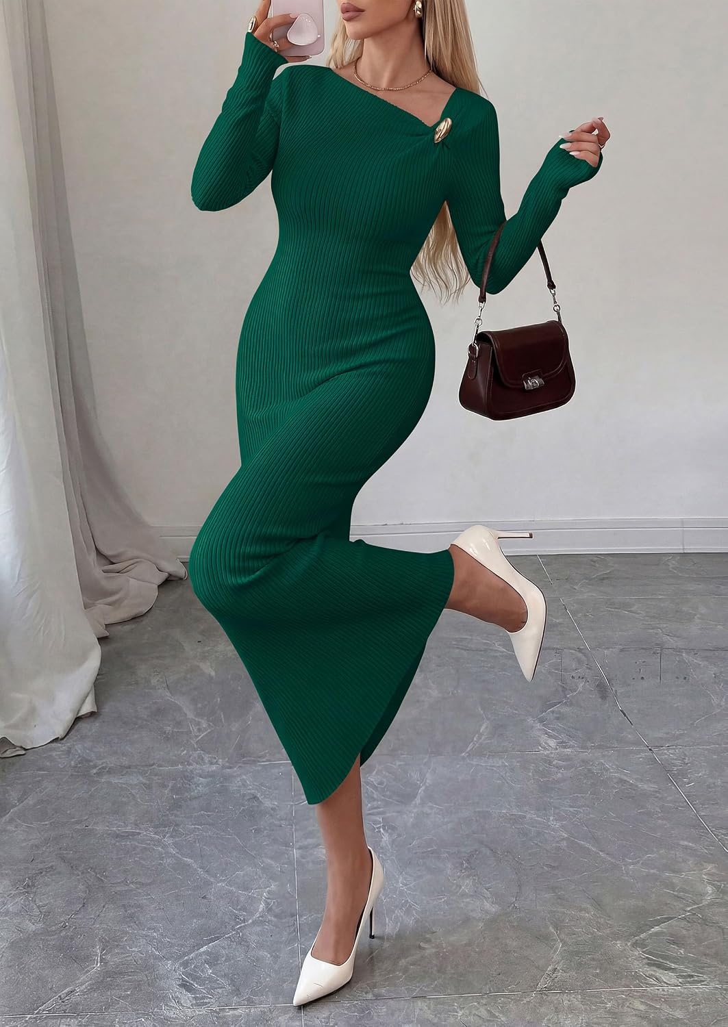 image:imagePRETTYGARDEN Womens Fall Long Sleeve Ribbed Sweater Dress Breathable Knit Fabric Elegant Bodycon Cut Fashion Asymmetrical Neck Night Out Party Dresses 2026 Trendy Winter ClothesDark Green