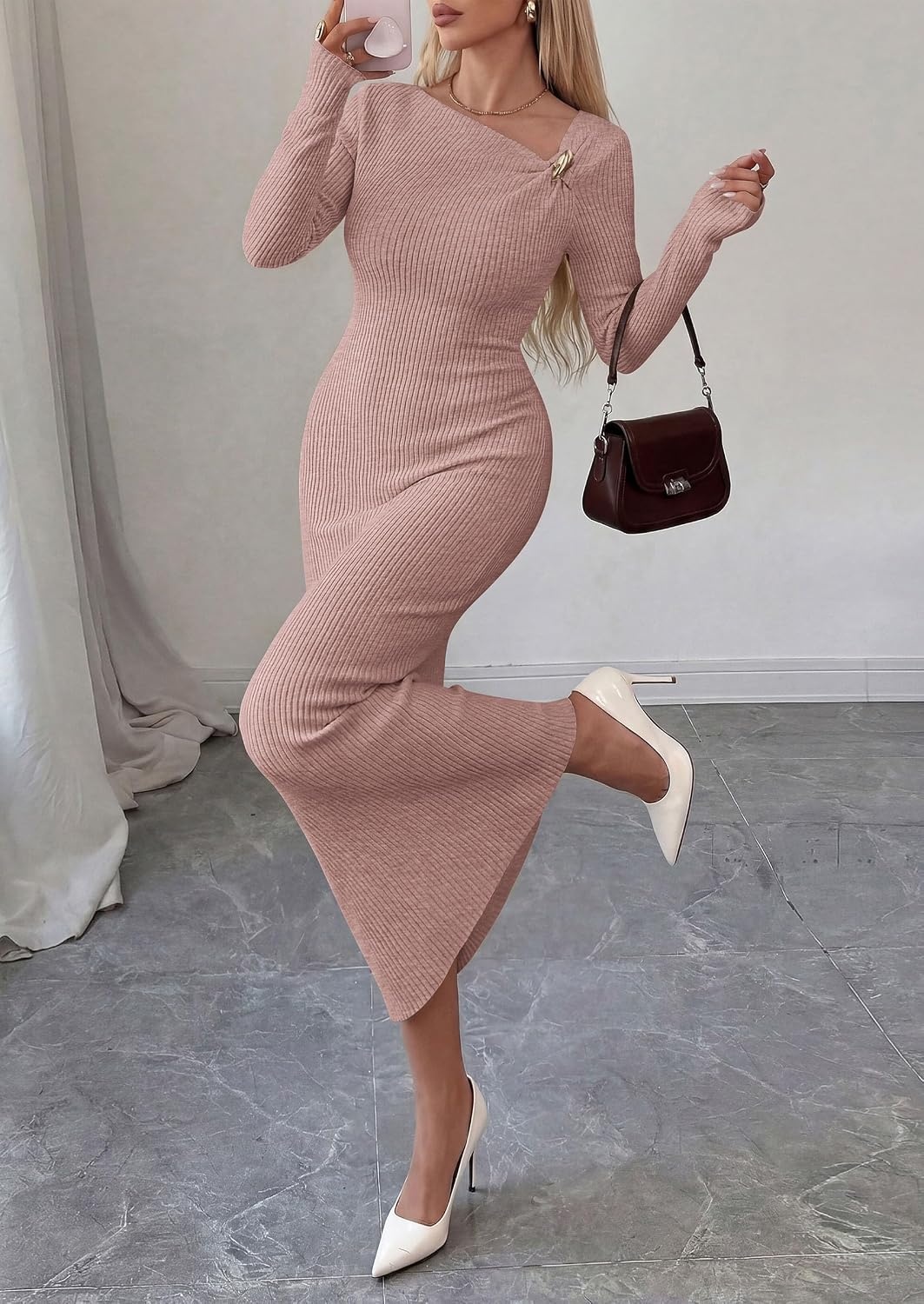 image:imagePRETTYGARDEN Womens Fall Long Sleeve Ribbed Sweater Dress Breathable Knit Fabric Elegant Bodycon Cut Fashion Asymmetrical Neck Night Out Party Dresses 2026 Trendy Winter ClothesPink