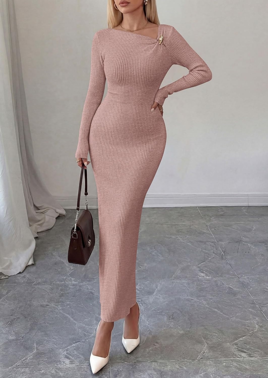 image:imagePRETTYGARDEN Womens Fall Long Sleeve Ribbed Sweater Dress Breathable Knit Fabric Elegant Bodycon Cut Fashion Asymmetrical Neck Night Out Party Dresses 2026 Trendy Winter ClothesPink