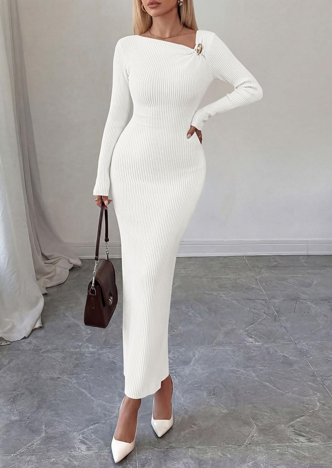 image:imagePRETTYGARDEN Womens Fall Long Sleeve Ribbed Sweater Dress Breathable Knit Fabric Elegant Bodycon Cut Fashion Asymmetrical Neck Night Out Party Dresses 2026 Trendy Winter ClothesWhite