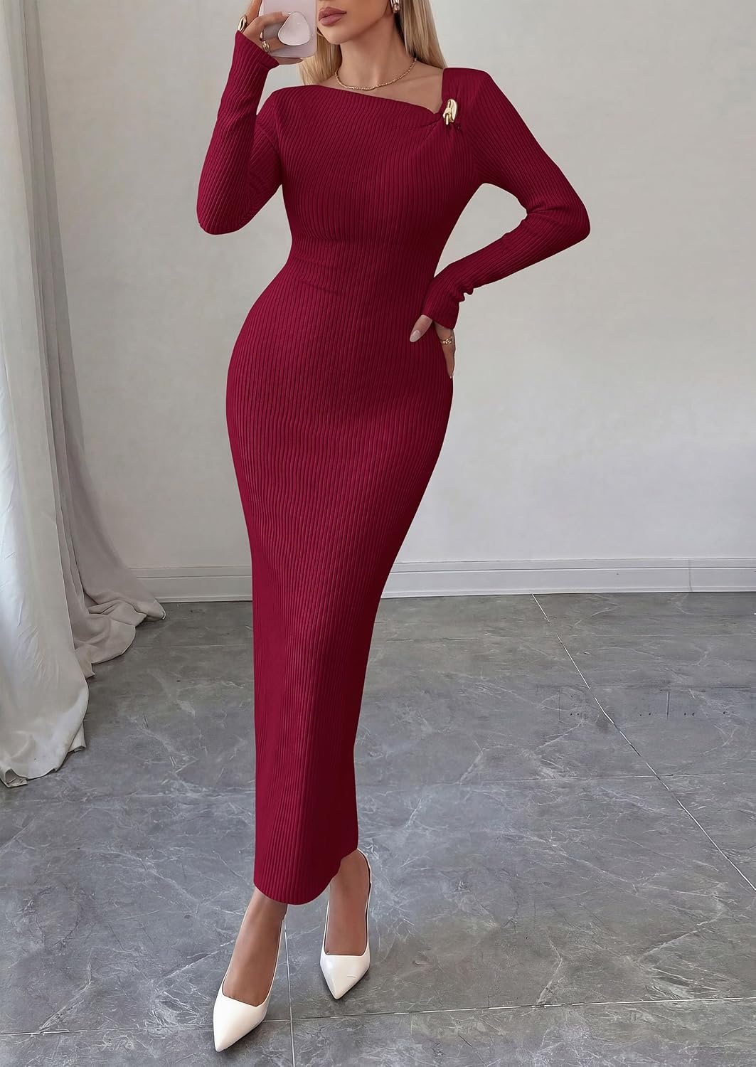 image:imagePRETTYGARDEN Womens Fall Long Sleeve Ribbed Sweater Dress Breathable Knit Fabric Elegant Bodycon Cut Fashion Asymmetrical Neck Night Out Party Dresses 2026 Trendy Winter ClothesWine Red