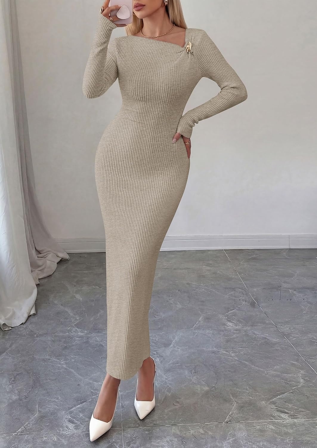 image:imagePRETTYGARDEN Womens Fall Long Sleeve Ribbed Sweater Dress Breathable Knit Fabric Elegant Bodycon Cut Fashion Asymmetrical Neck Night Out Party Dresses 2026 Trendy Winter ClothesGrey Apricot