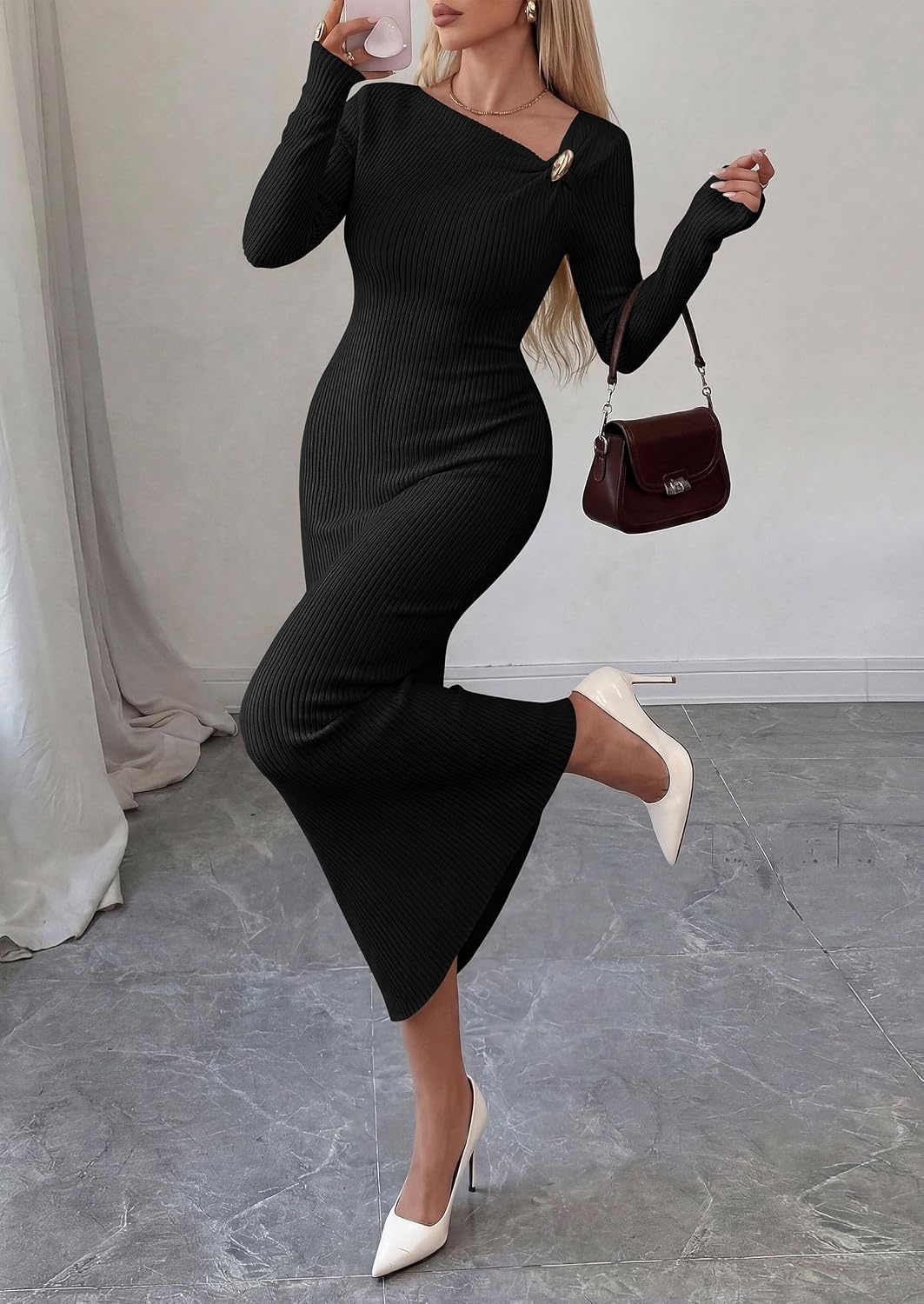 image:imagePRETTYGARDEN Womens Fall Long Sleeve Ribbed Sweater Dress Breathable Knit Fabric Elegant Bodycon Cut Fashion Asymmetrical Neck Night Out Party Dresses 2026 Trendy Winter ClothesBlack