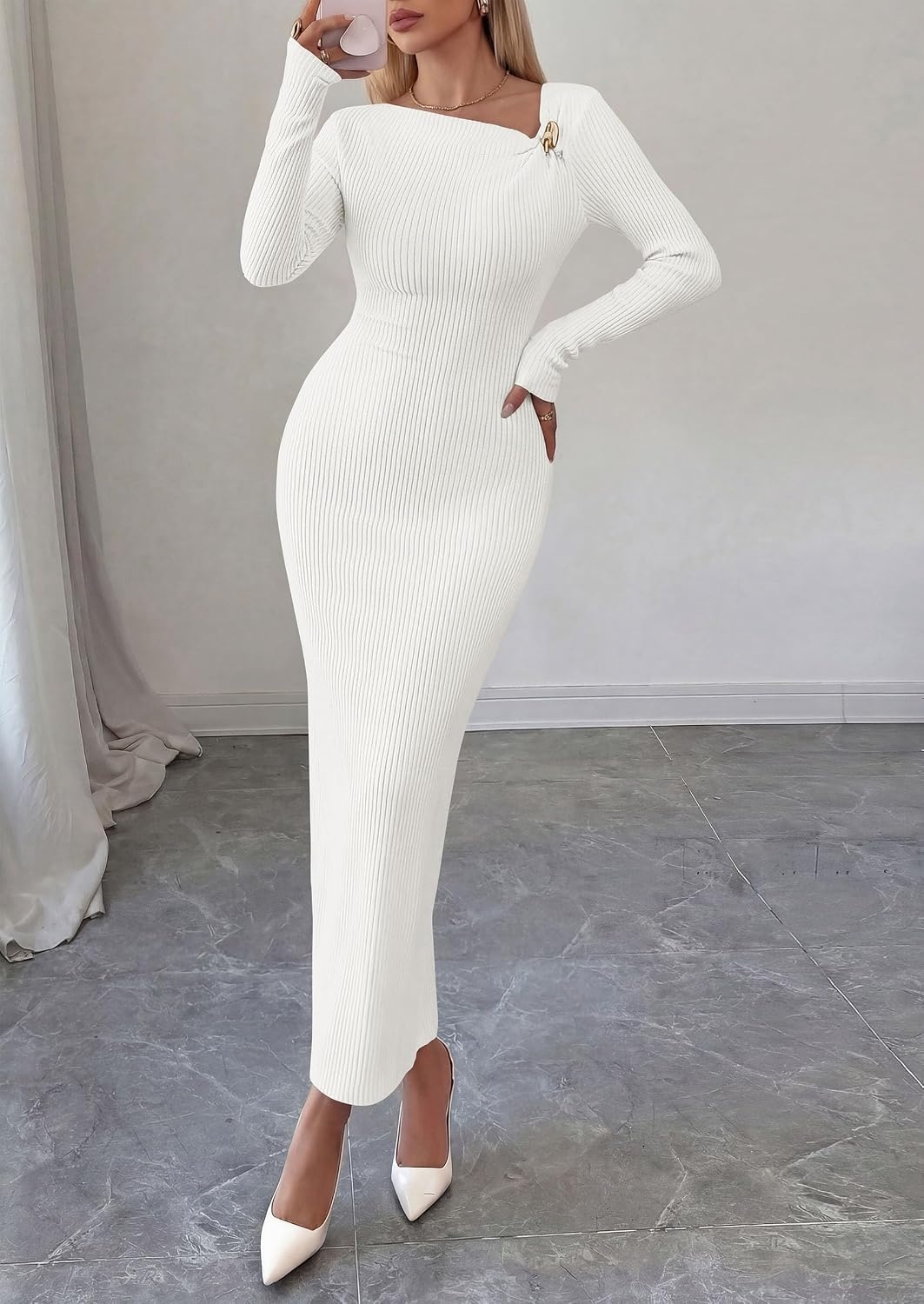 image:imagePRETTYGARDEN Womens Fall Long Sleeve Ribbed Sweater Dress Breathable Knit Fabric Elegant Bodycon Cut Fashion Asymmetrical Neck Night Out Party Dresses 2026 Trendy Winter ClothesWhite