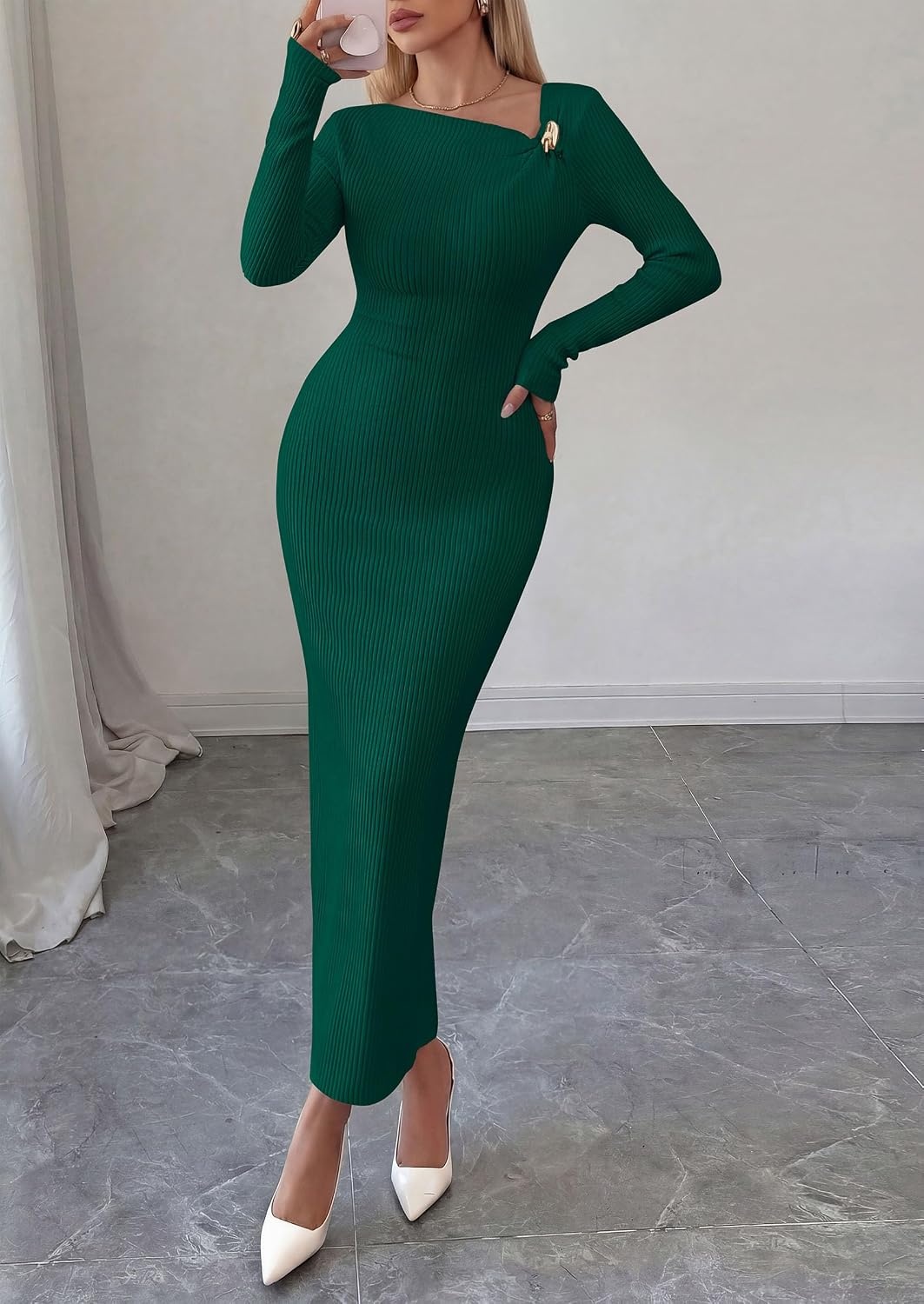 image:imagePRETTYGARDEN Womens Fall Long Sleeve Ribbed Sweater Dress Breathable Knit Fabric Elegant Bodycon Cut Fashion Asymmetrical Neck Night Out Party Dresses 2026 Trendy Winter ClothesDark Green