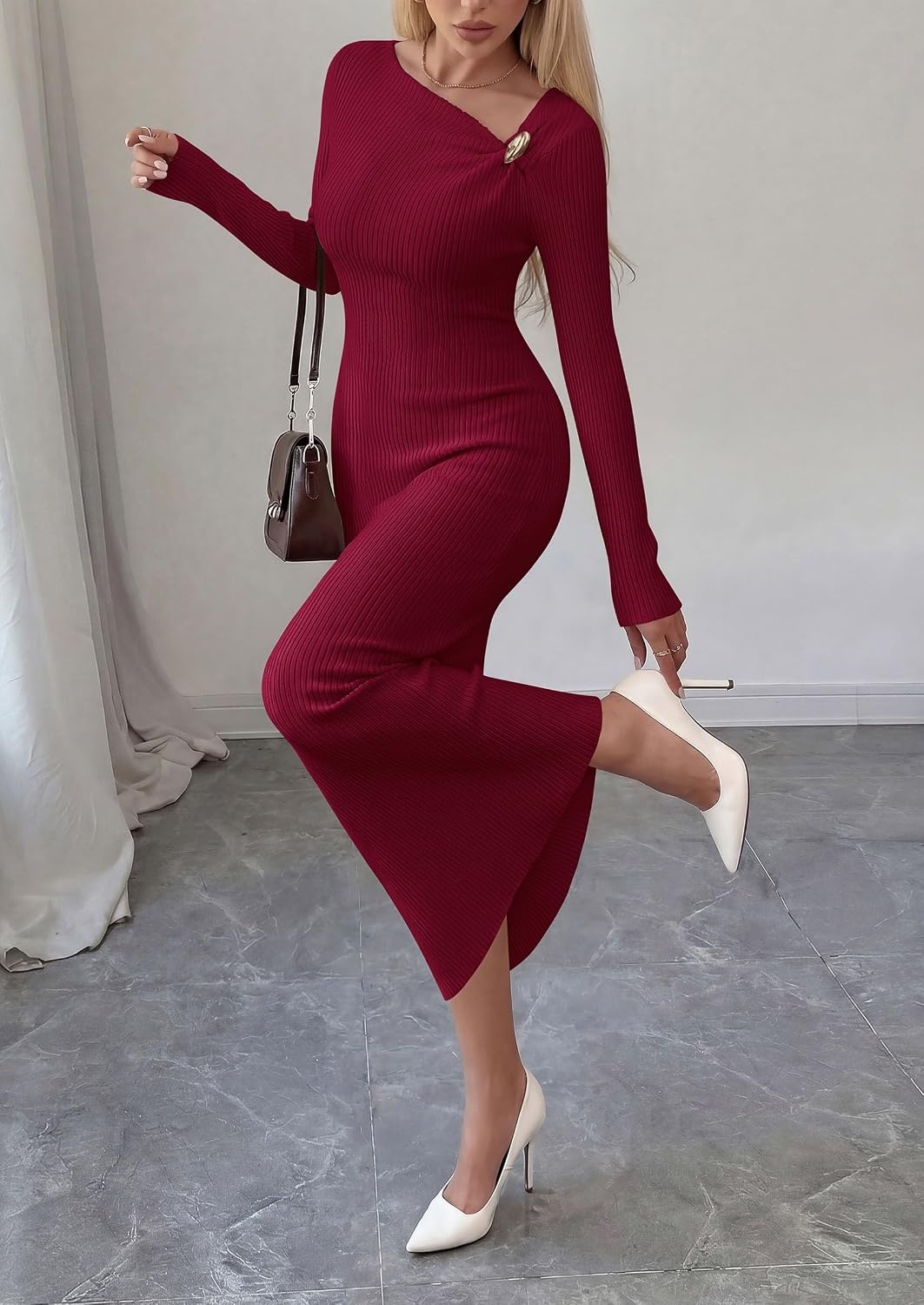 image:imagePRETTYGARDEN Womens Fall Long Sleeve Ribbed Sweater Dress Breathable Knit Fabric Elegant Bodycon Cut Fashion Asymmetrical Neck Night Out Party Dresses 2026 Trendy Winter ClothesWine Red
