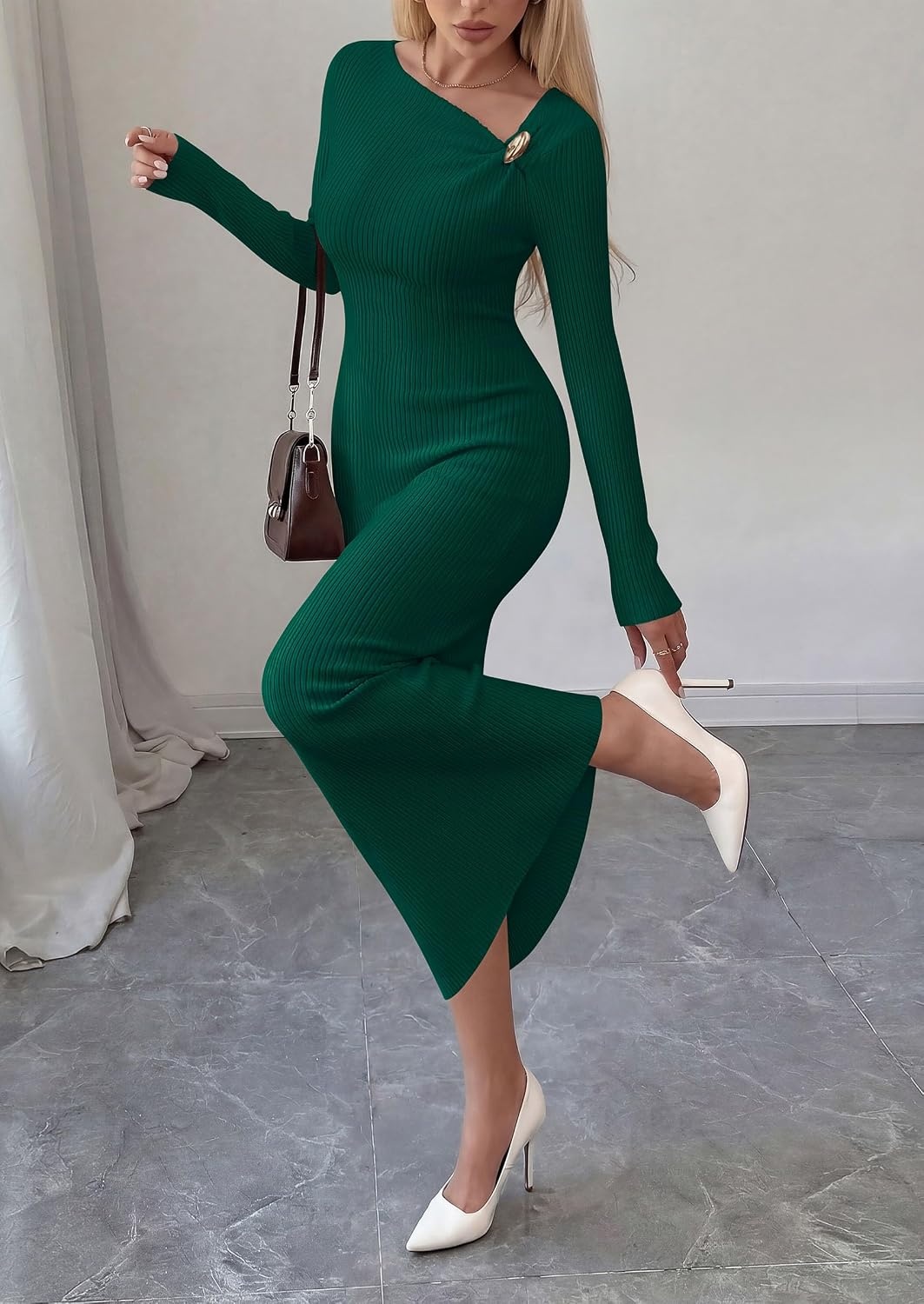 image:imagePRETTYGARDEN Womens Fall Long Sleeve Ribbed Sweater Dress Breathable Knit Fabric Elegant Bodycon Cut Fashion Asymmetrical Neck Night Out Party Dresses 2026 Trendy Winter ClothesDark Green