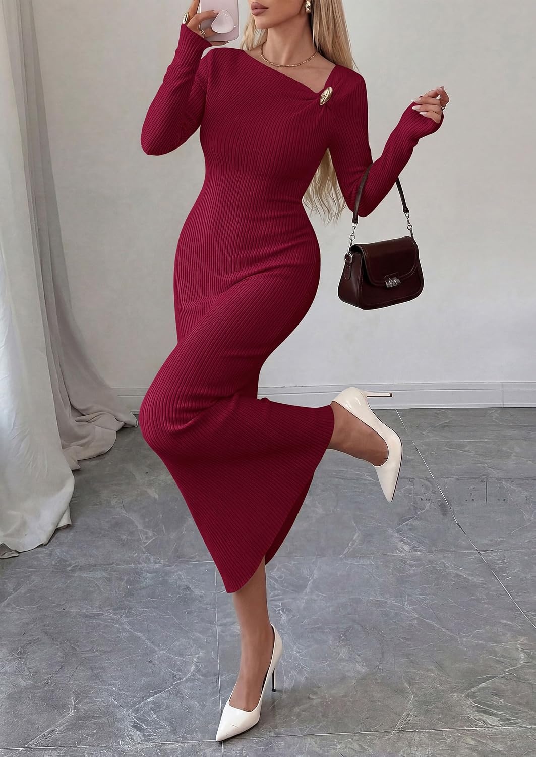 image:imagePRETTYGARDEN Womens Fall Long Sleeve Ribbed Sweater Dress Breathable Knit Fabric Elegant Bodycon Cut Fashion Asymmetrical Neck Night Out Party Dresses 2026 Trendy Winter ClothesWine Red
