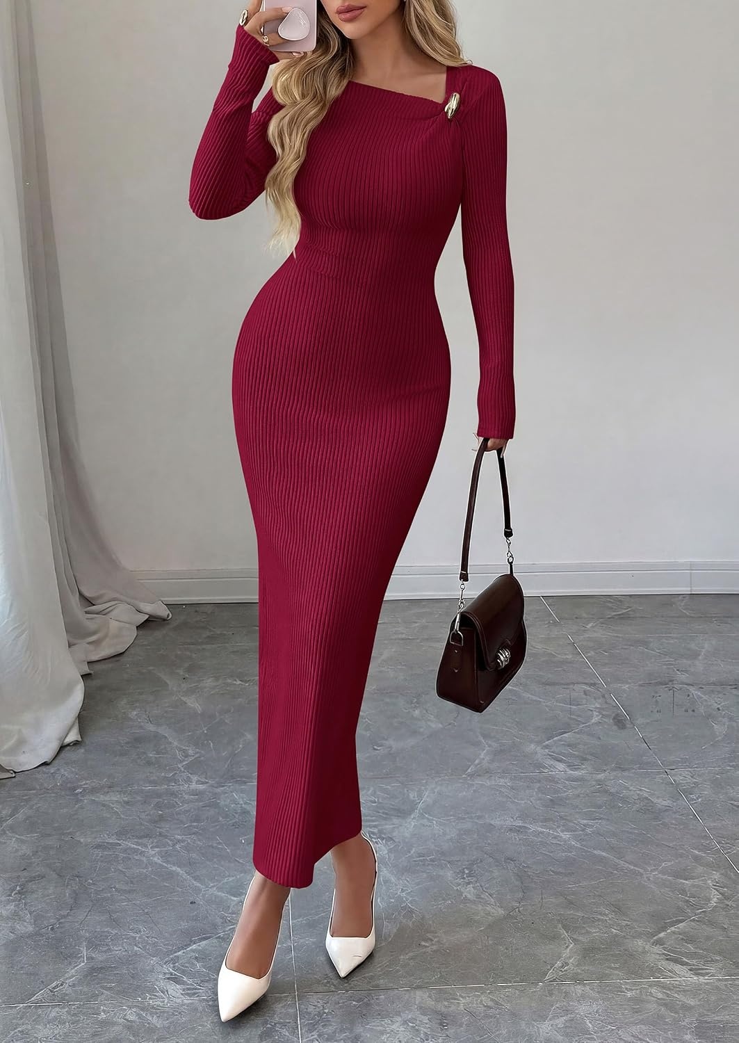 image:imagePRETTYGARDEN Womens Fall Long Sleeve Ribbed Sweater Dress Breathable Knit Fabric Elegant Bodycon Cut Fashion Asymmetrical Neck Night Out Party Dresses 2026 Trendy Winter ClothesWine Red