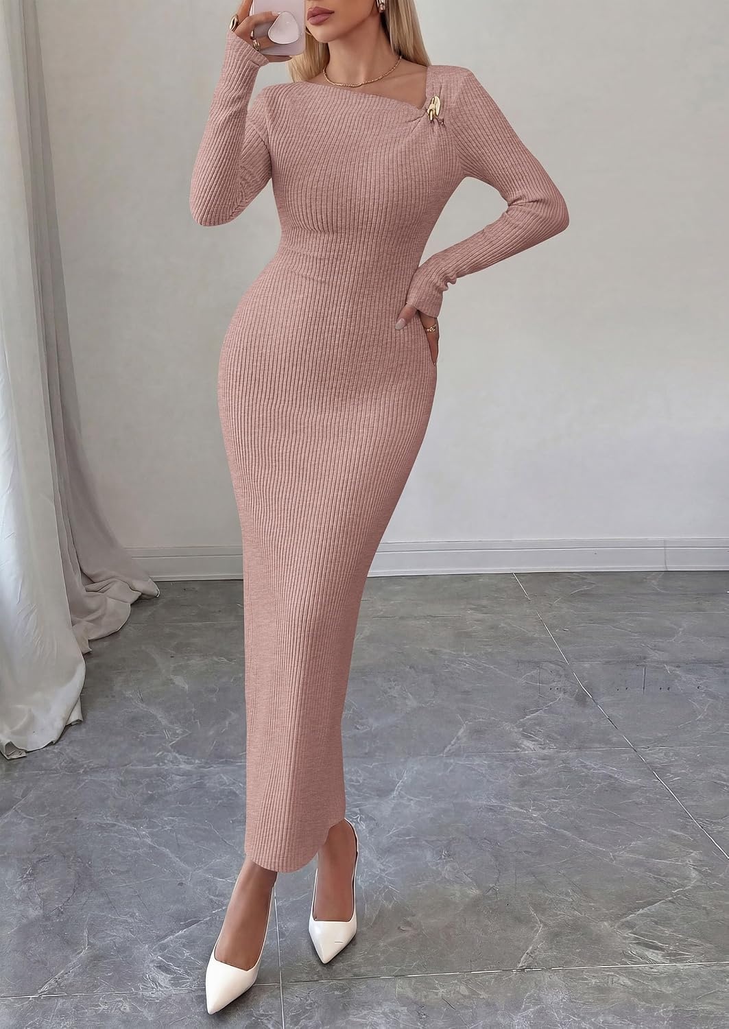 image:imagePRETTYGARDEN Womens Fall Long Sleeve Ribbed Sweater Dress Breathable Knit Fabric Elegant Bodycon Cut Fashion Asymmetrical Neck Night Out Party Dresses 2026 Trendy Winter ClothesPink