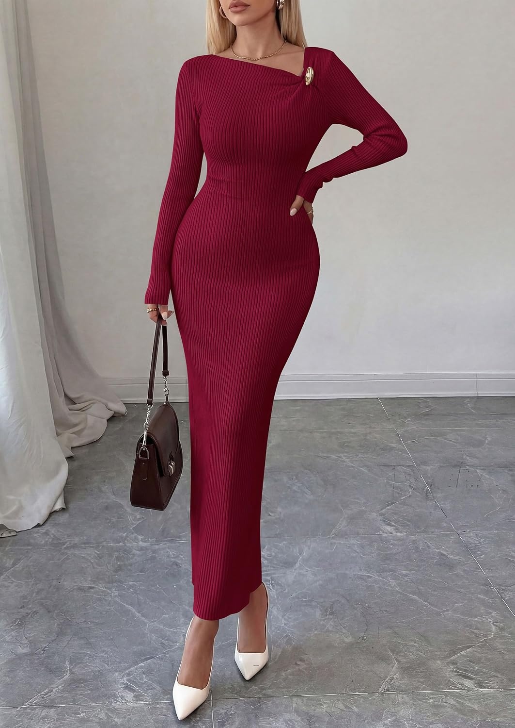 image:imagePRETTYGARDEN Womens Fall Long Sleeve Ribbed Sweater Dress Breathable Knit Fabric Elegant Bodycon Cut Fashion Asymmetrical Neck Night Out Party Dresses 2026 Trendy Winter ClothesWine Red
