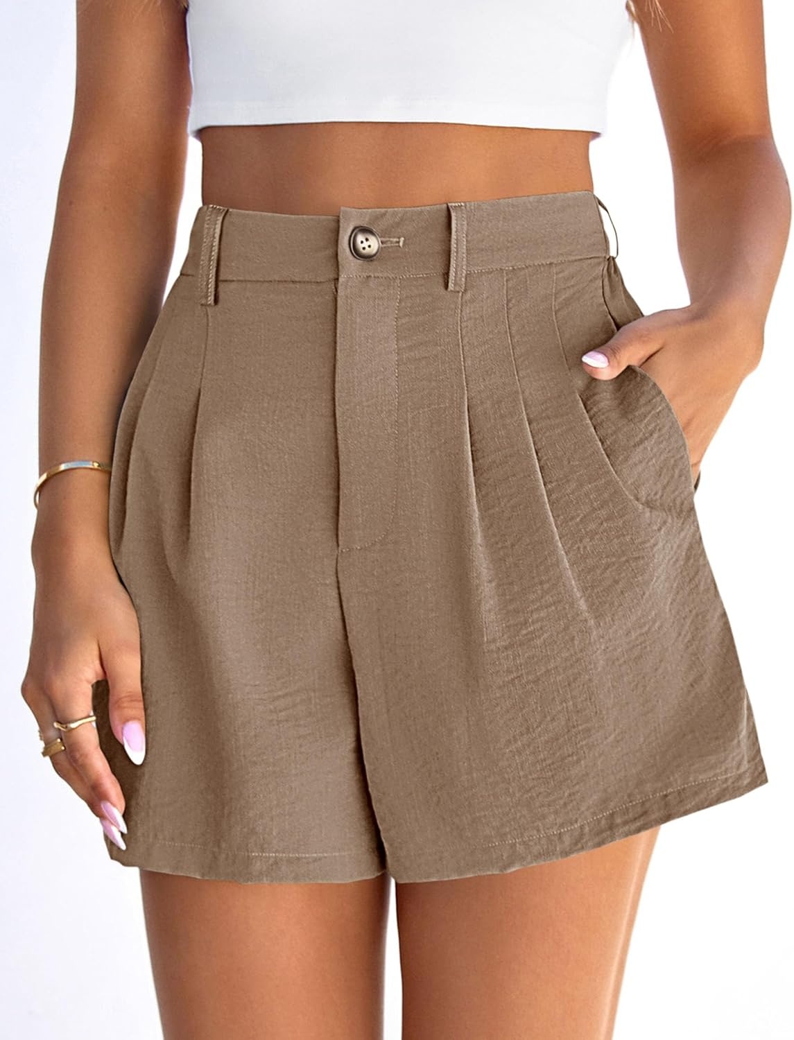 image:imagePRETTYGARDEN Womens Shorts Casual 2026 Summer Elastic High Waist Zipper Button Tailored Shorts Pleated Beach Vacation ClothesBrown