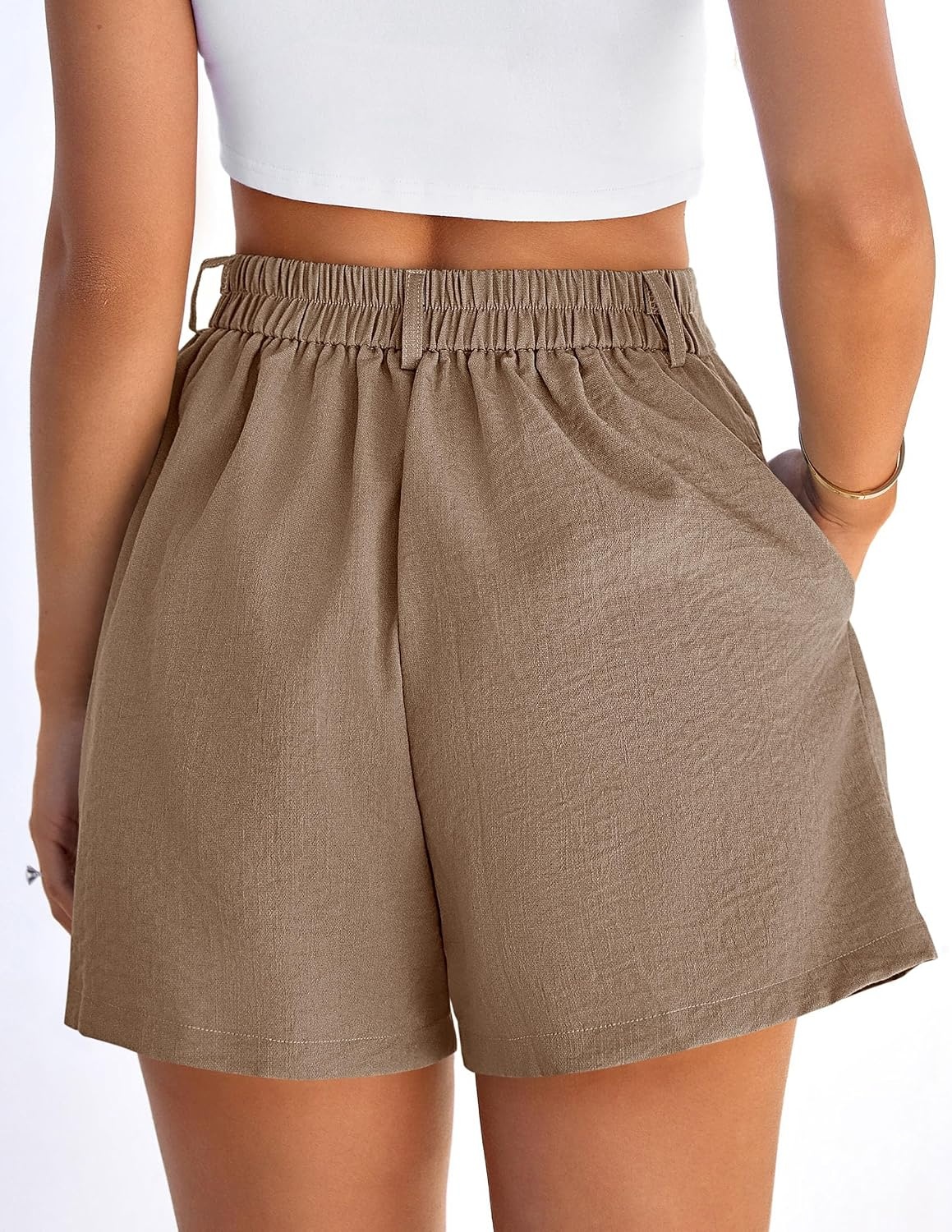 image:imagePRETTYGARDEN Womens Shorts Casual 2026 Summer Elastic High Waist Zipper Button Tailored Shorts Pleated Beach Vacation ClothesBrown