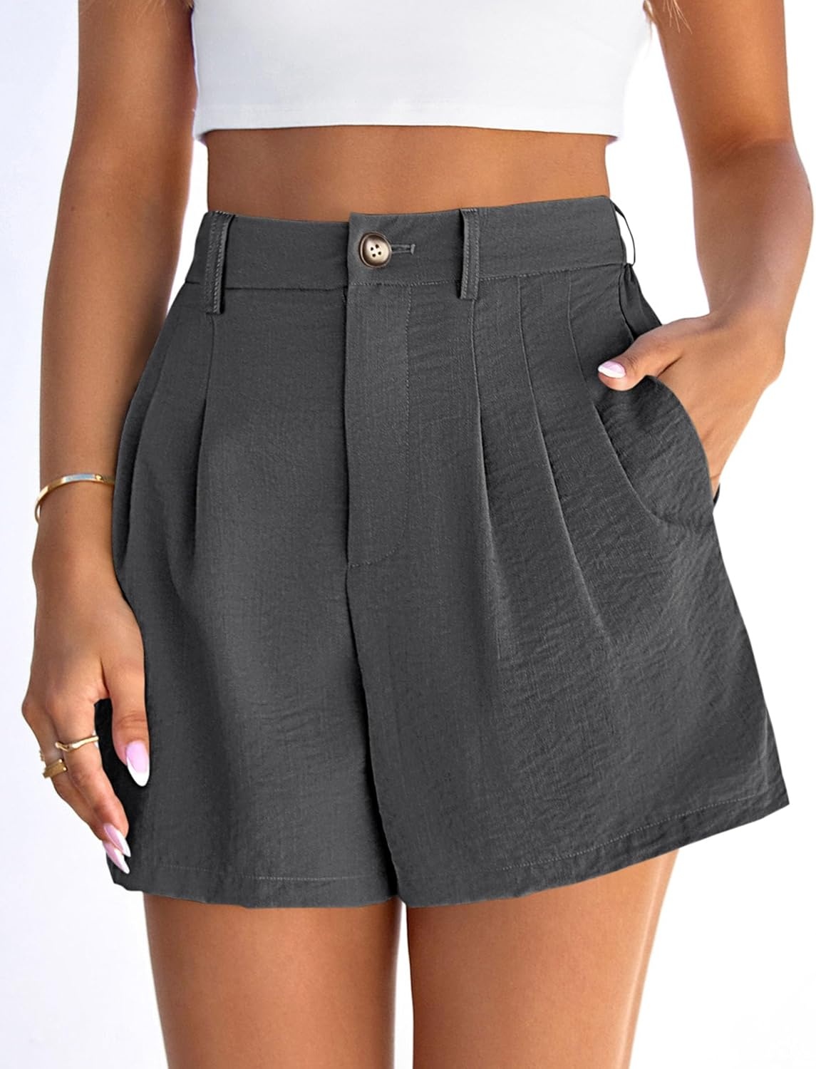 image:imagePRETTYGARDEN Womens Shorts Casual 2026 Summer Elastic High Waist Zipper Button Tailored Shorts Pleated Beach Vacation ClothesDark Grey