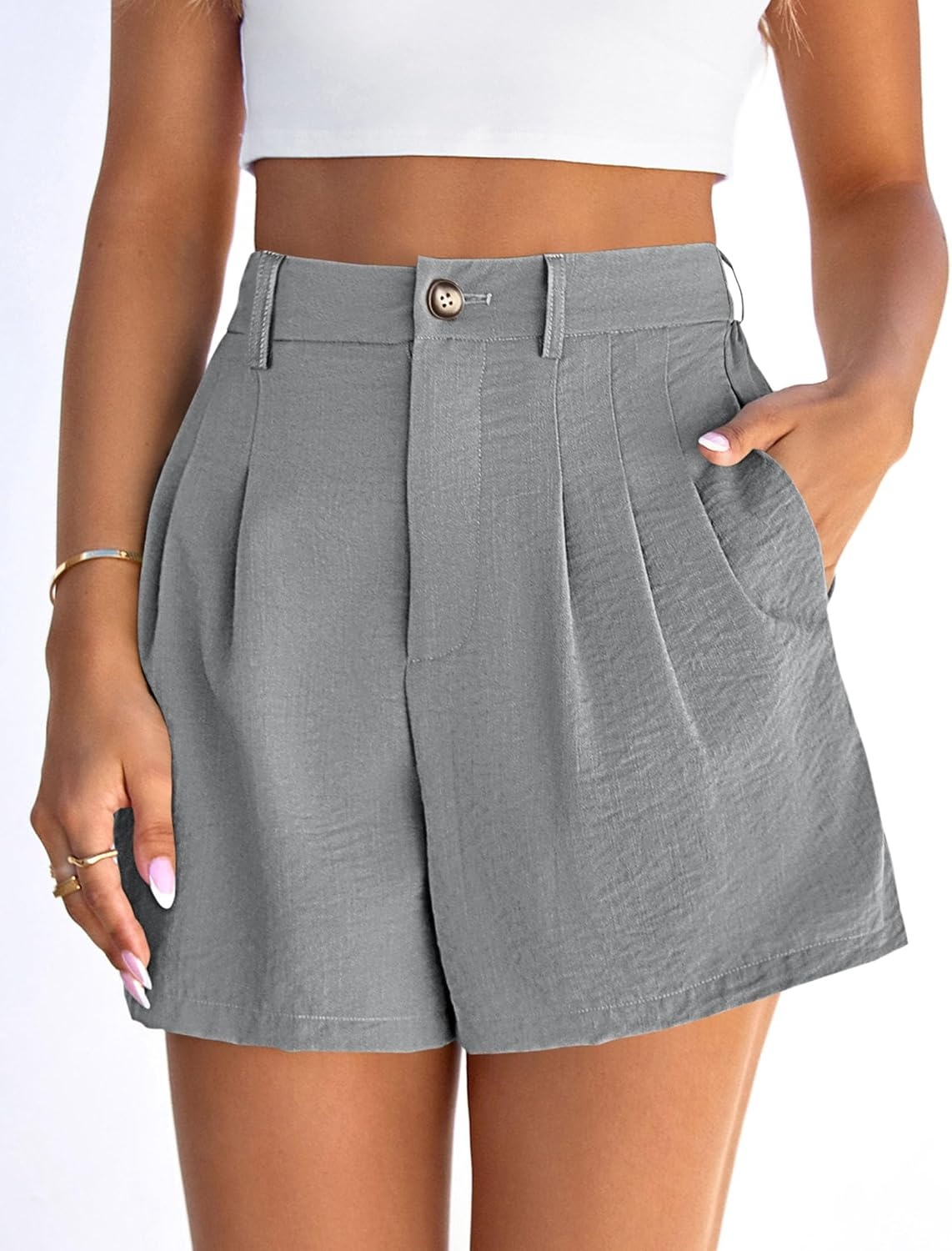image:imagePRETTYGARDEN Womens Shorts Casual 2026 Summer Elastic High Waist Zipper Button Tailored Shorts Pleated Beach Vacation ClothesGrey