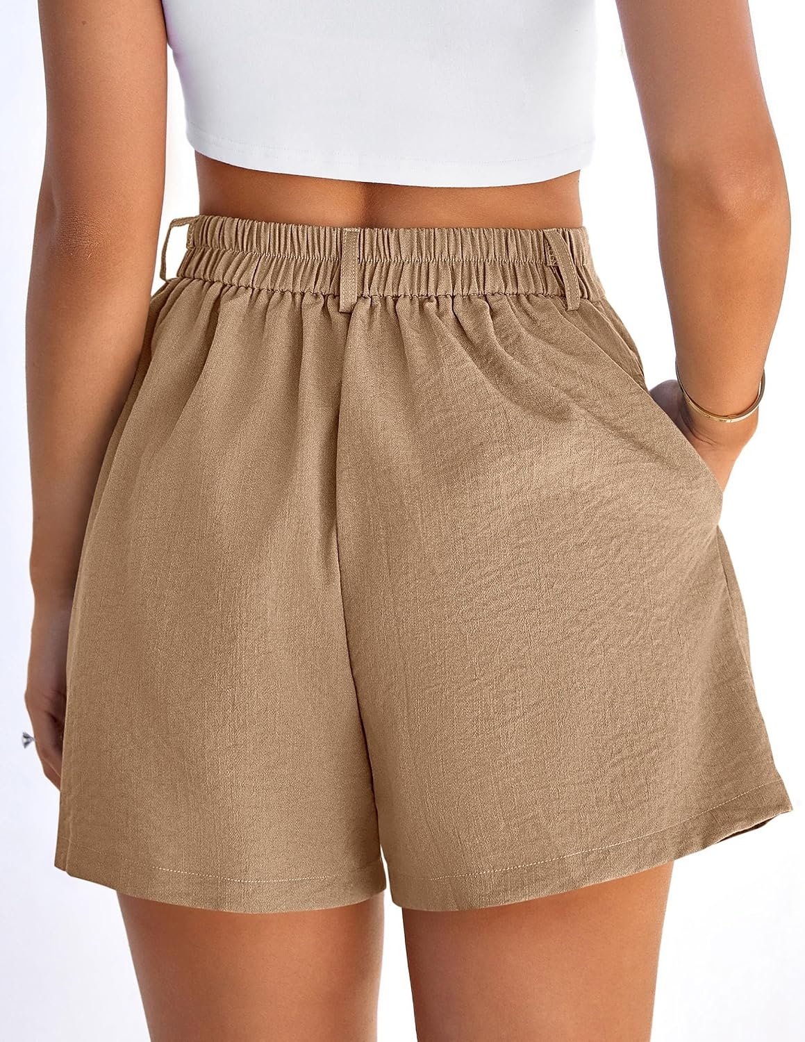image:imagePRETTYGARDEN Womens Shorts Casual 2026 Summer Elastic High Waist Zipper Button Tailored Shorts Pleated Beach Vacation ClothesKhaki