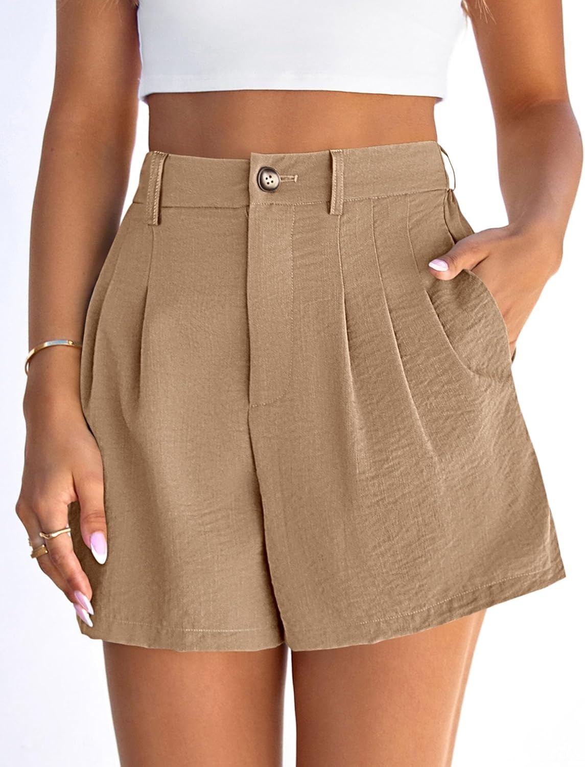 image:imagePRETTYGARDEN Womens Shorts Casual 2026 Summer Elastic High Waist Zipper Button Tailored Shorts Pleated Beach Vacation ClothesKhaki