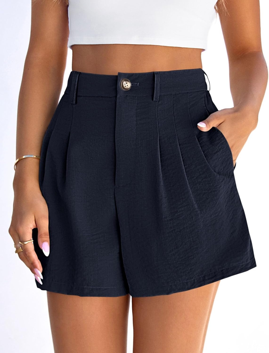 image:imagePRETTYGARDEN Womens Shorts Casual 2026 Summer Elastic High Waist Zipper Button Tailored Shorts Pleated Beach Vacation ClothesNavy