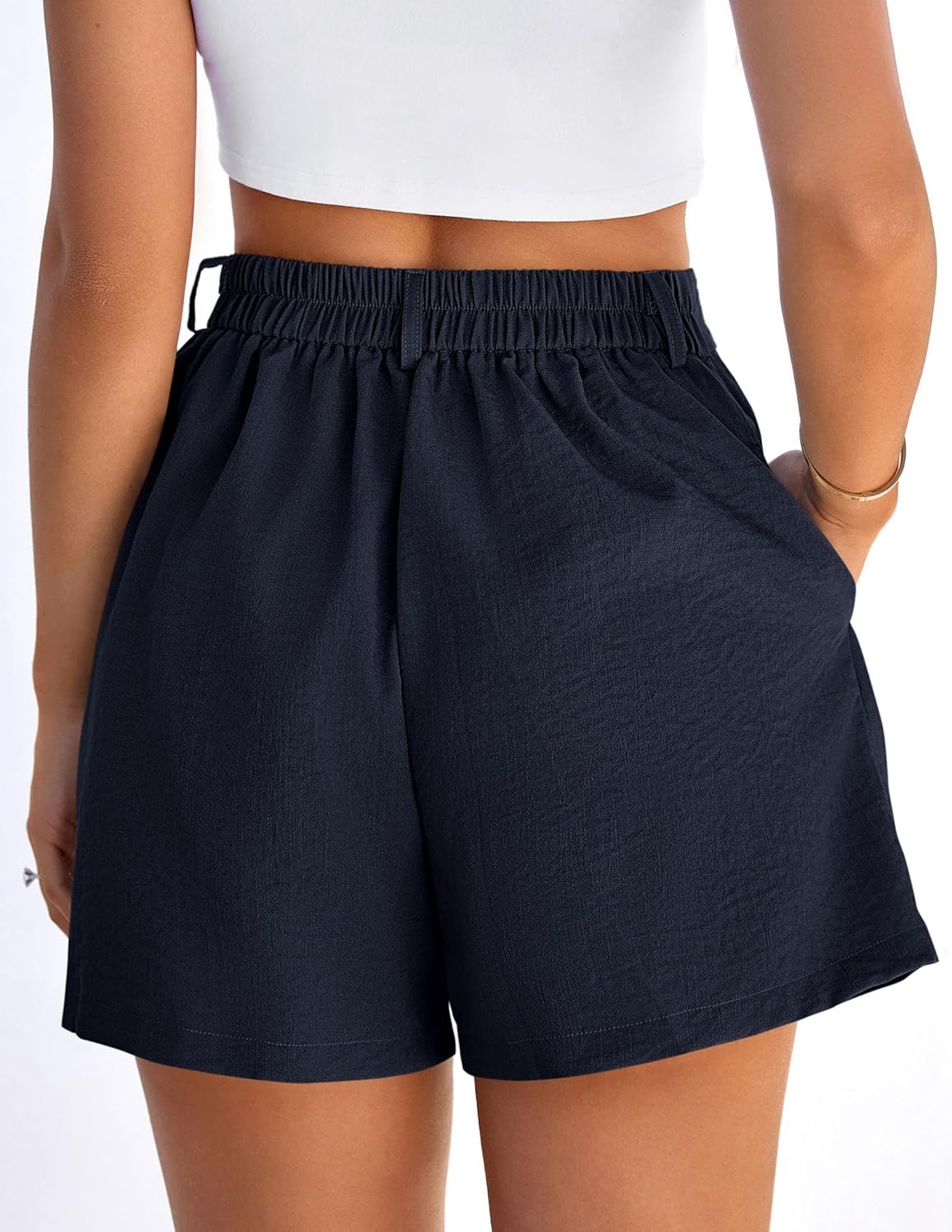 image:imagePRETTYGARDEN Womens Shorts Casual 2026 Summer Elastic High Waist Zipper Button Tailored Shorts Pleated Beach Vacation ClothesNavy