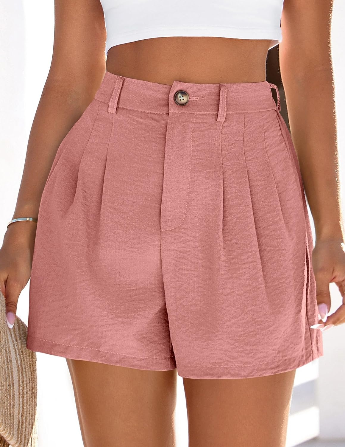 image:imagePRETTYGARDEN Womens Shorts Casual 2026 Summer Elastic High Waist Zipper Button Tailored Shorts Pleated Beach Vacation ClothesPink