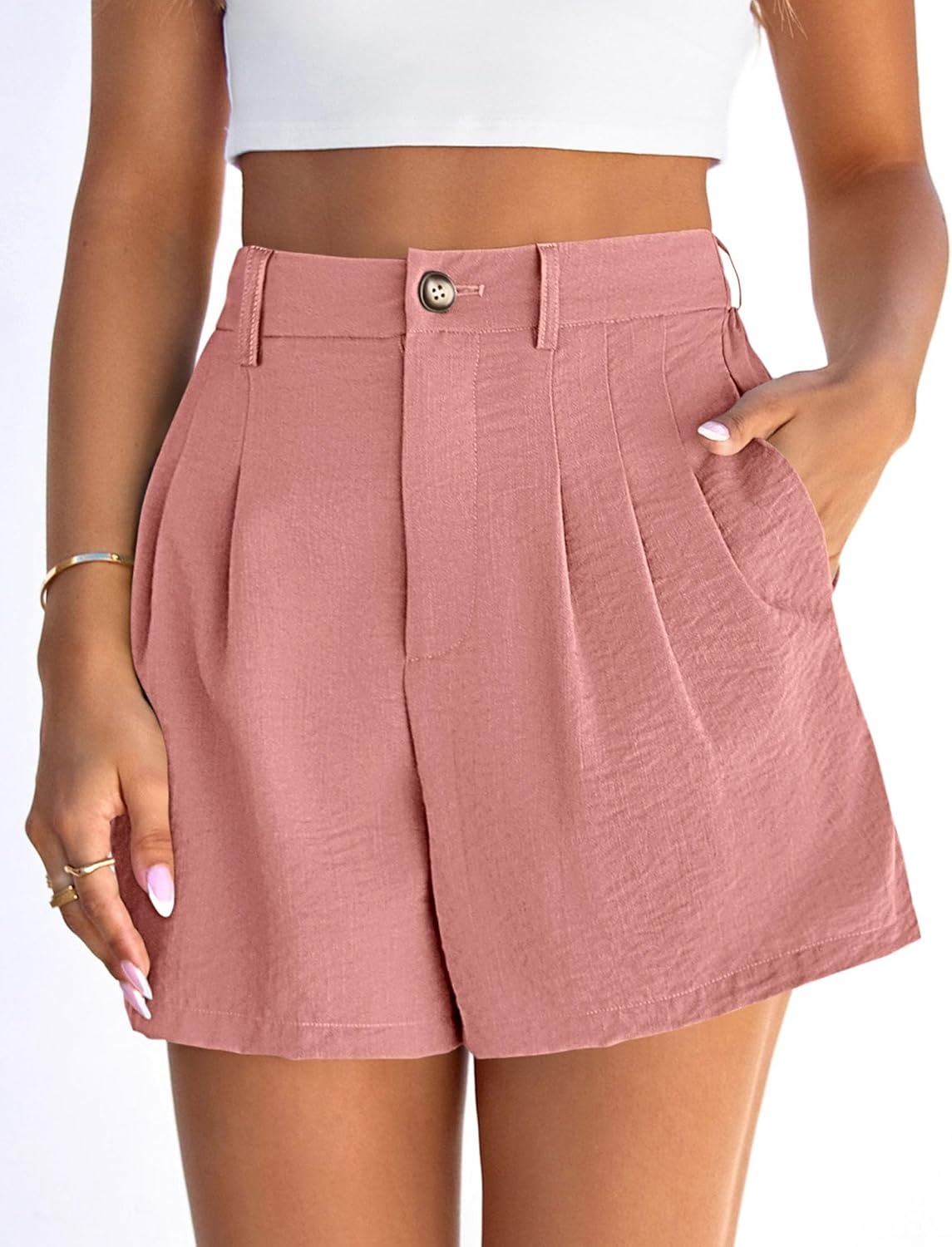 image:imagePRETTYGARDEN Womens Shorts Casual 2026 Summer Elastic High Waist Zipper Button Tailored Shorts Pleated Beach Vacation ClothesPink