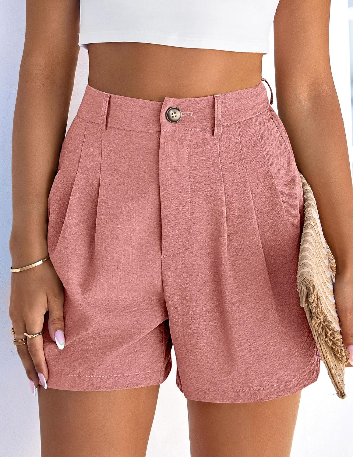 image:imagePRETTYGARDEN Womens Shorts Casual 2026 Summer Elastic High Waist Zipper Button Tailored Shorts Pleated Beach Vacation ClothesPink