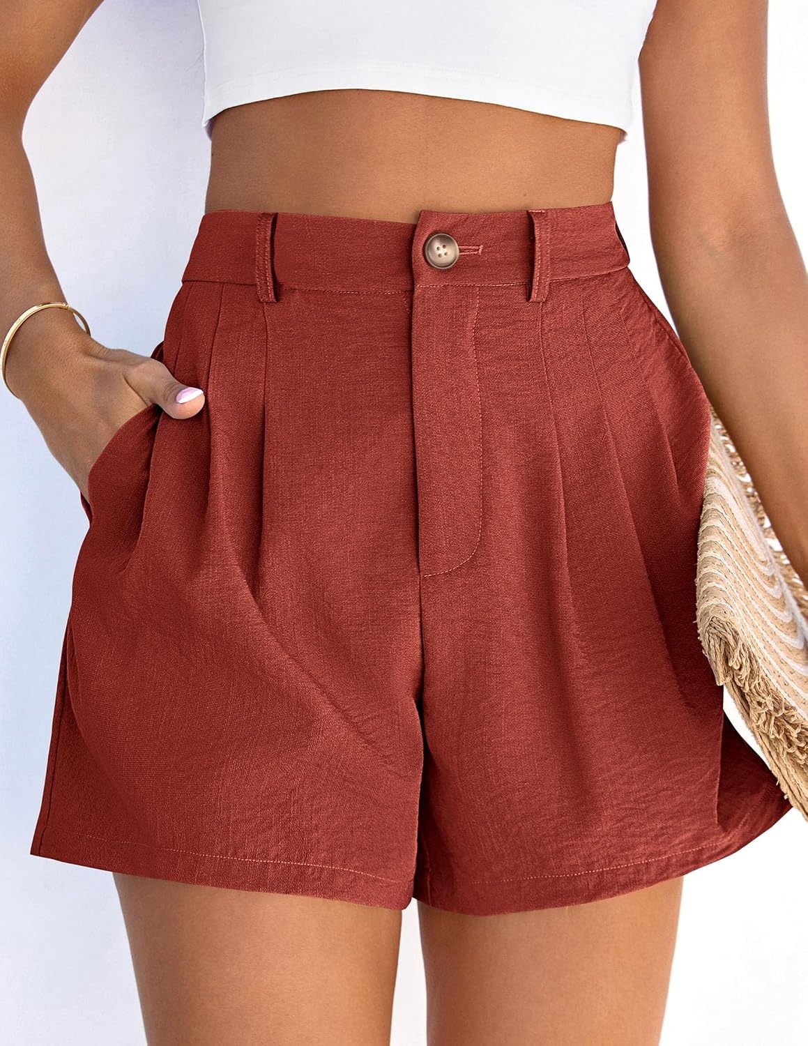 image:imagePRETTYGARDEN Womens Shorts Casual 2026 Summer Elastic High Waist Zipper Button Tailored Shorts Pleated Beach Vacation ClothesRust Red