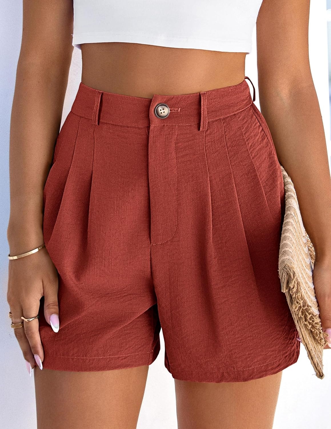 image:imagePRETTYGARDEN Womens Shorts Casual 2026 Summer Elastic High Waist Zipper Button Tailored Shorts Pleated Beach Vacation ClothesRust Red