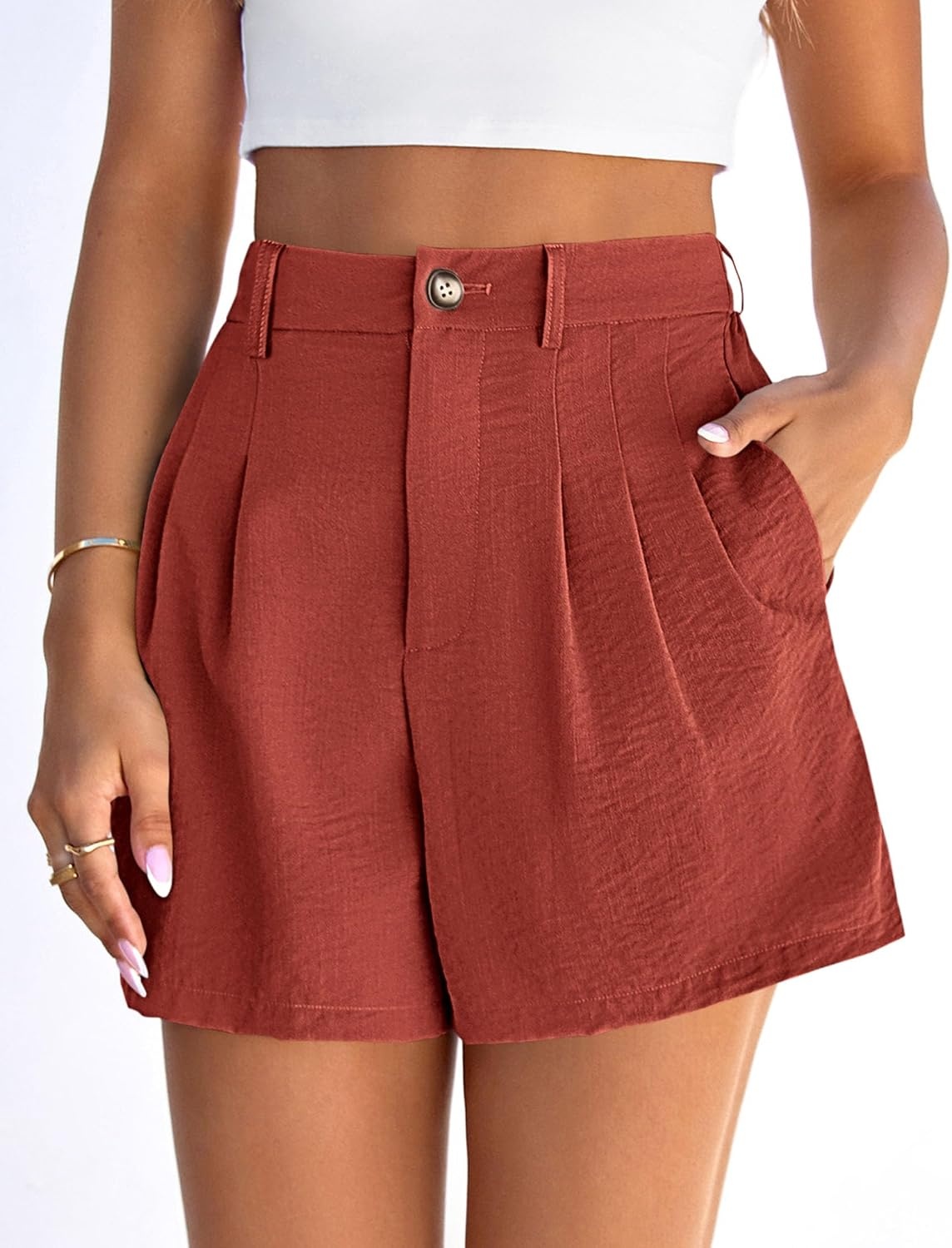 image:imagePRETTYGARDEN Womens Shorts Casual 2026 Summer Elastic High Waist Zipper Button Tailored Shorts Pleated Beach Vacation ClothesRust Red